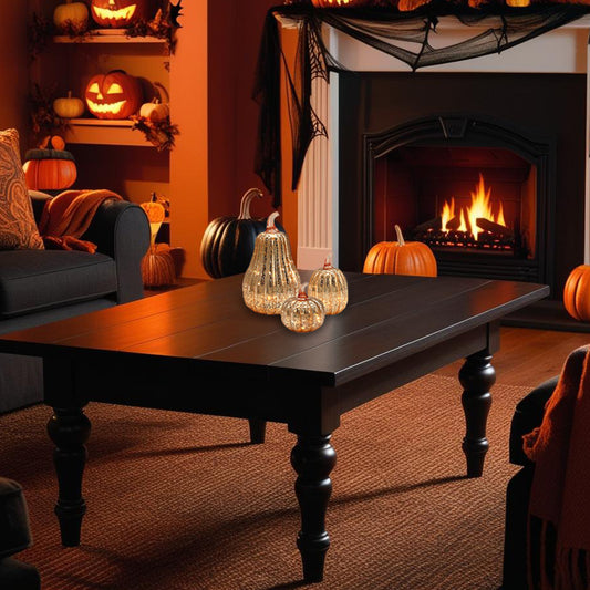 Halloween-themed living room with gold mercury glass lighted pumpkins, a fireplace, and decorative lights.