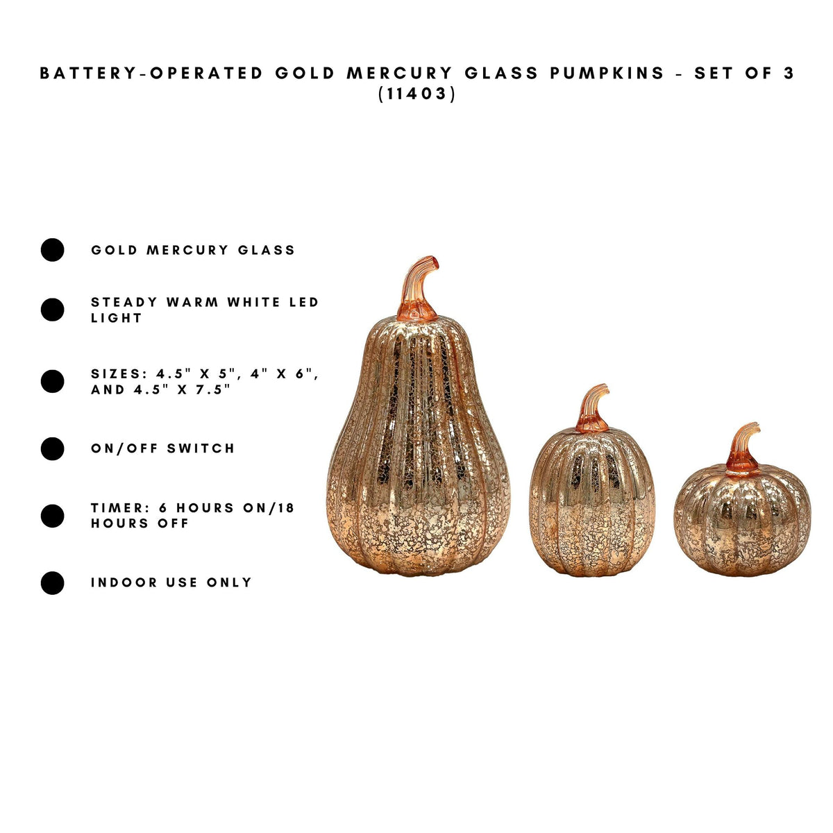 Battery-Operated Gold Mercury Glass Pumpkins - Set of 3