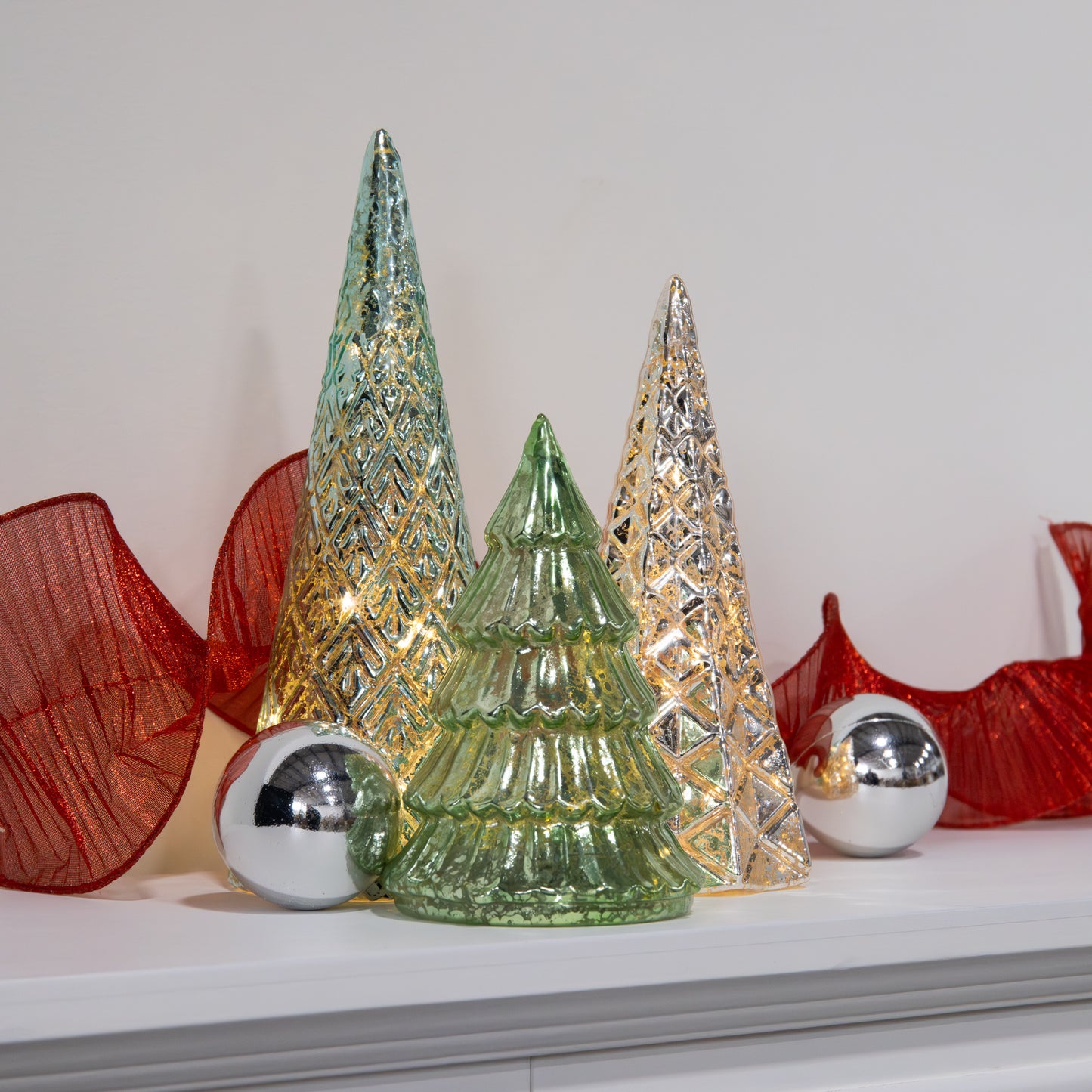 Battery-Operated LED Green & Silver Trees - Set of 3