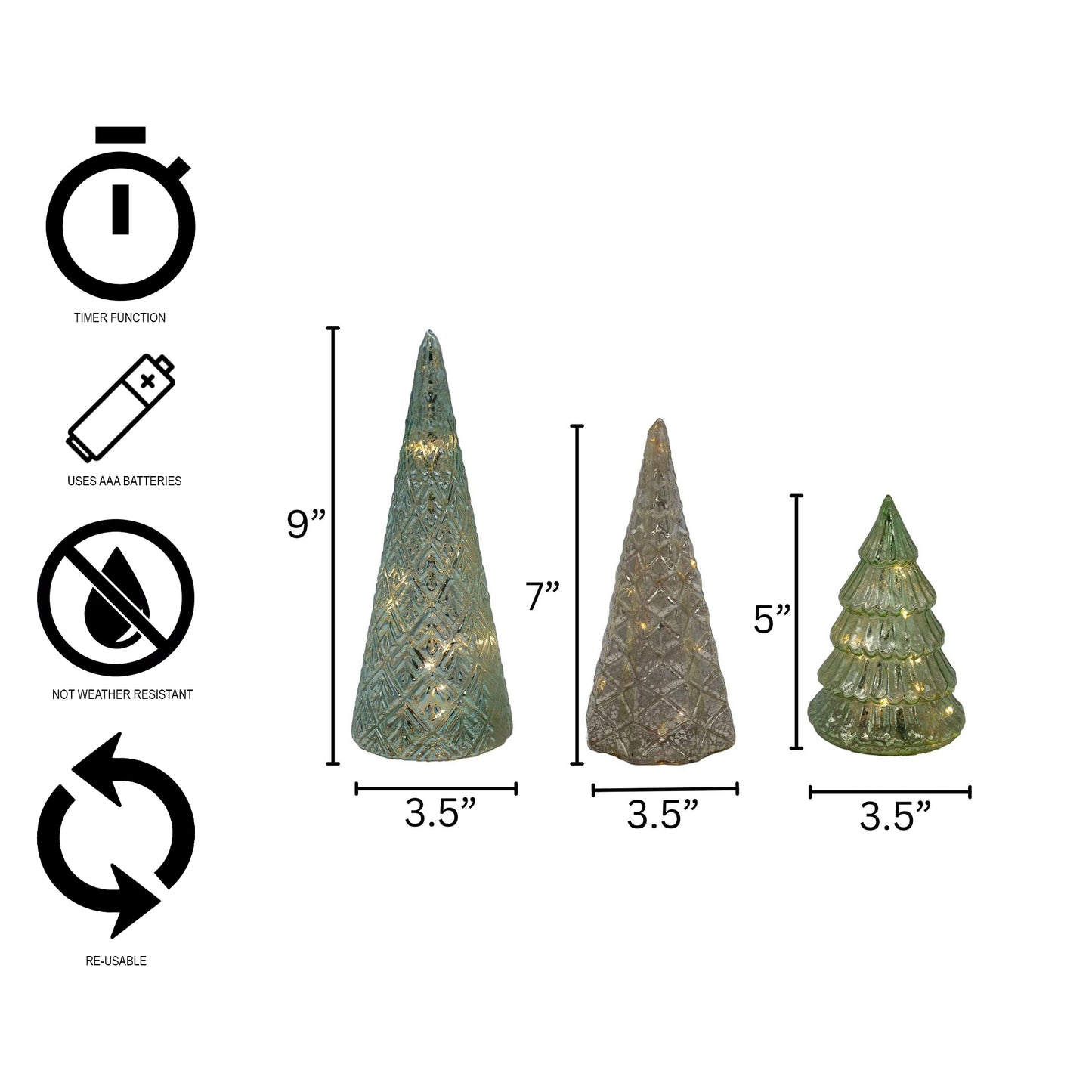 Battery Operated LED Green & Silver Trees - Set of 3