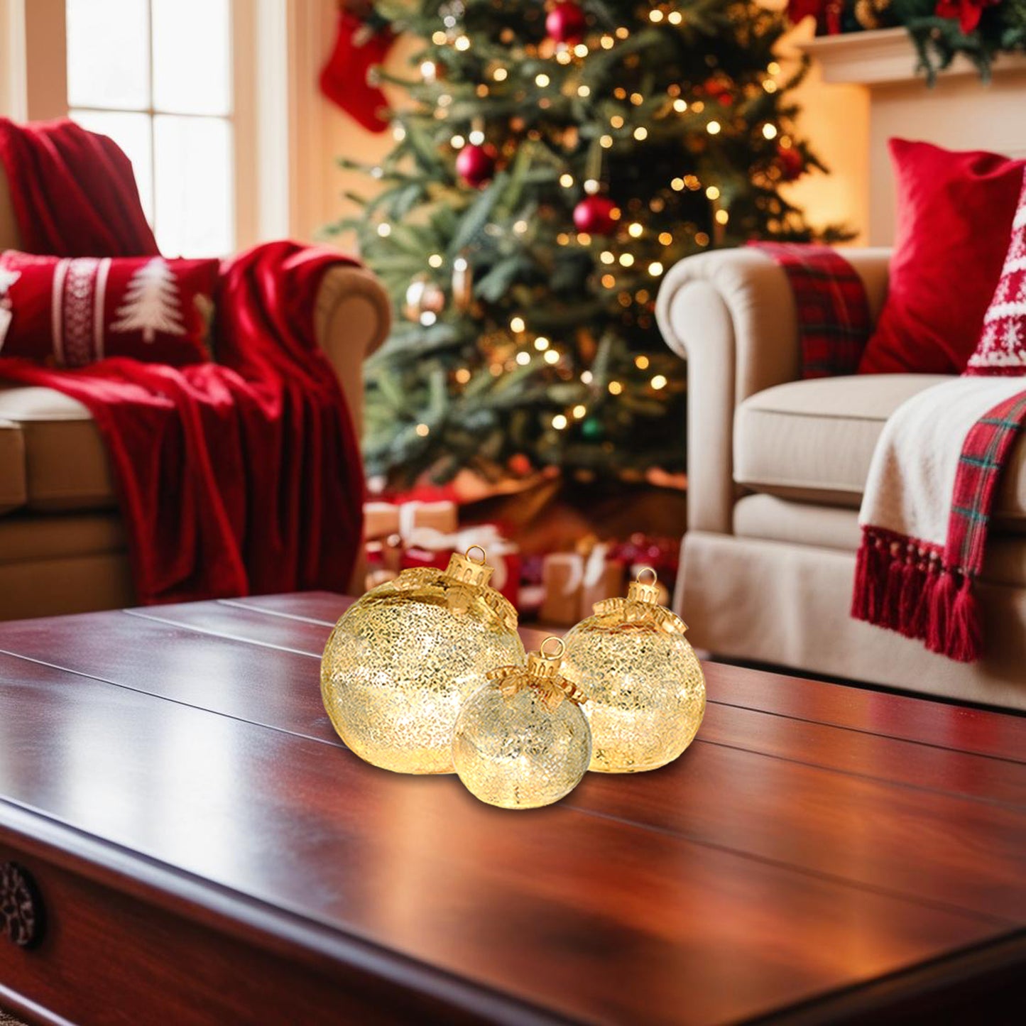 Battery Operated Gold Glass Tabletop Christmas Ornaments - Set of 3