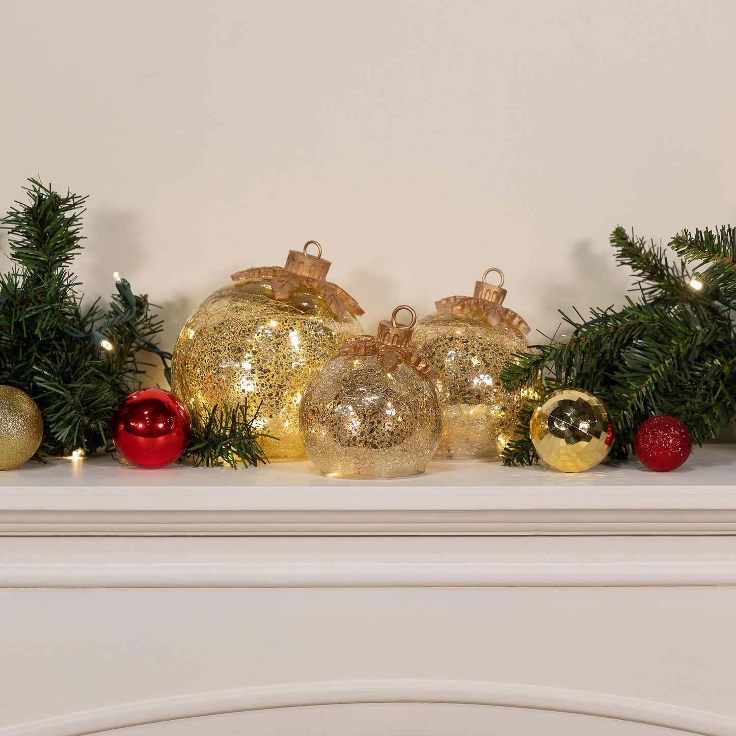 Battery Operated Gold Glass Tabletop Christmas Ornaments - Set of 3