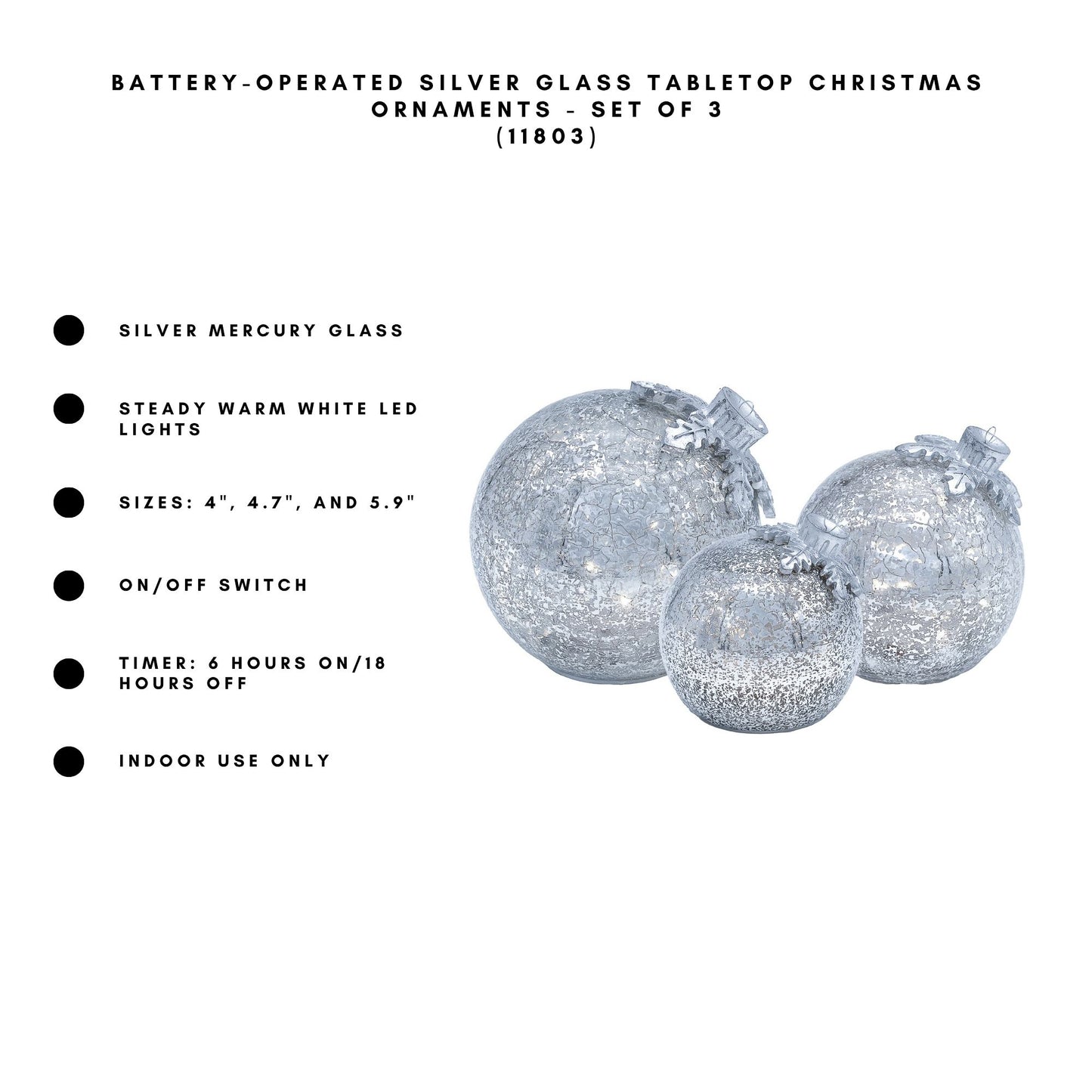 Battery-Operated Glass Tabletop Christmas Ornaments - Set of 3
