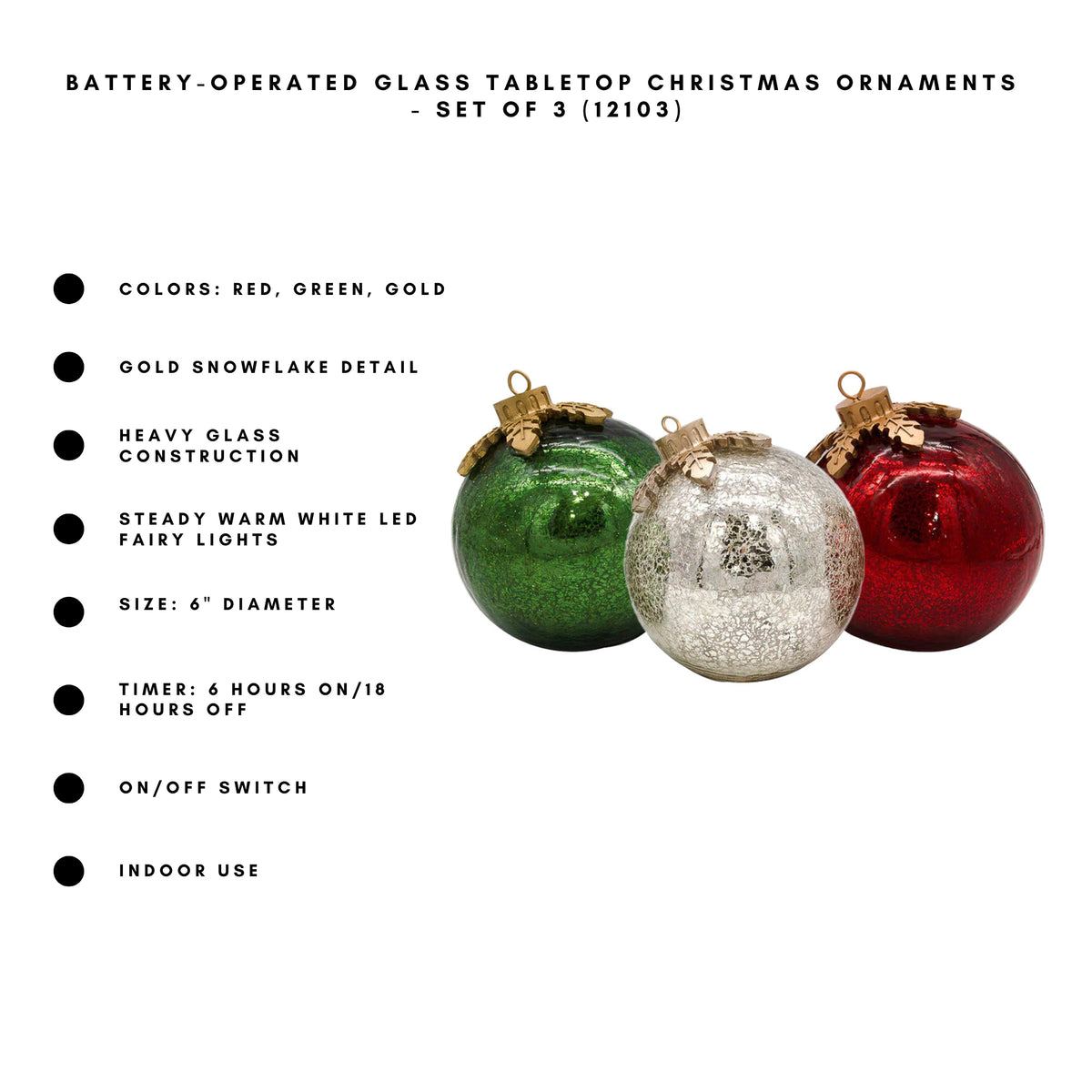 Battery-Operated Glass Tabletop Christmas Ornaments - Set of 3