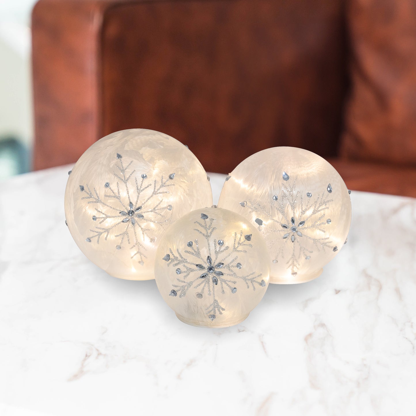 Battery-Operated Glass Snowflake Globes - Set of 3