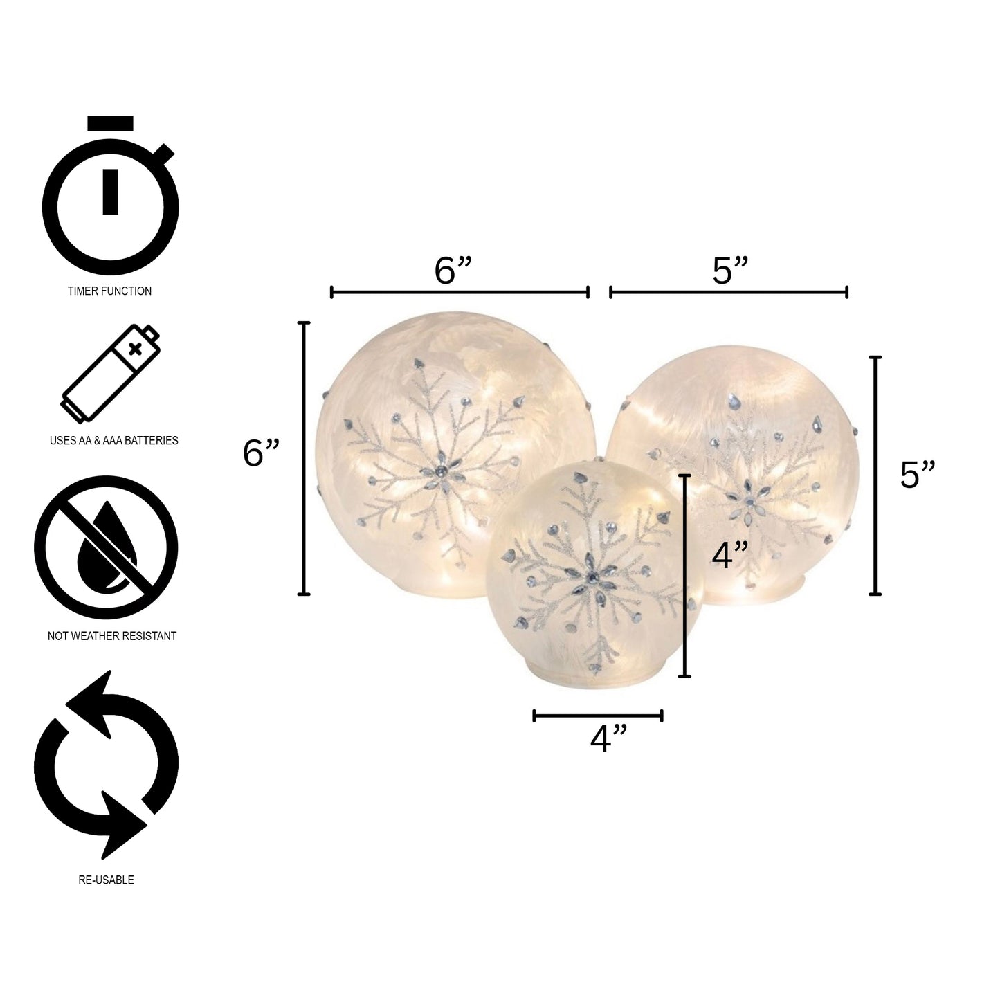 Battery Operated Glass Snowflake Globes - Set of 3