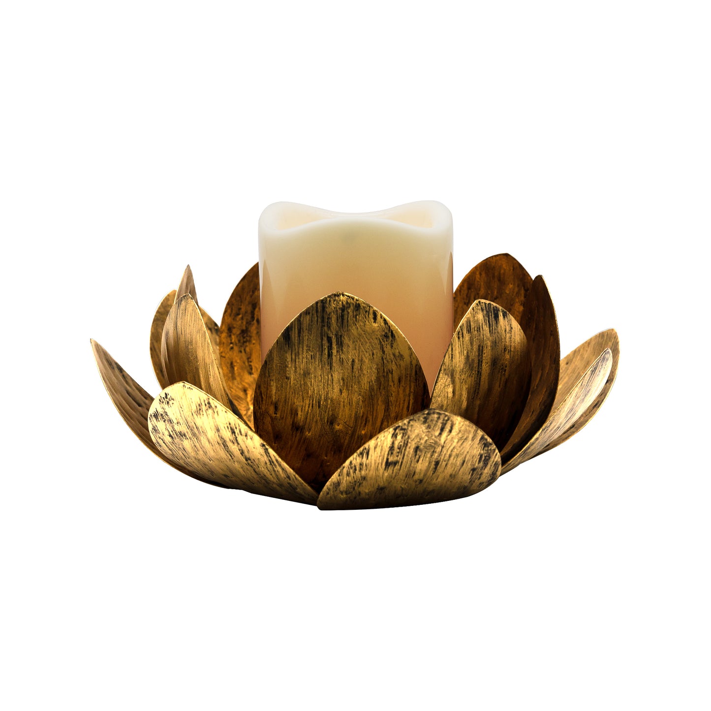A gold metal lotus-shaped candleholder with a battery operated LED candle in the center.