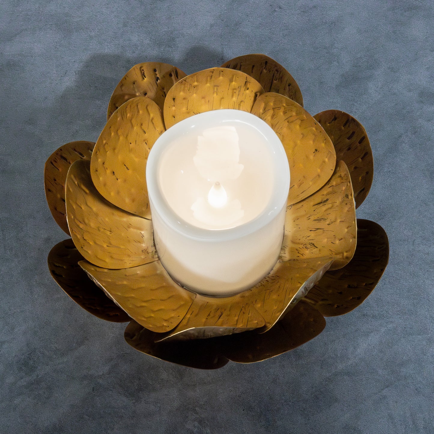 Gold Lotus Metal Candleholder with Battery-Operated LED Candle