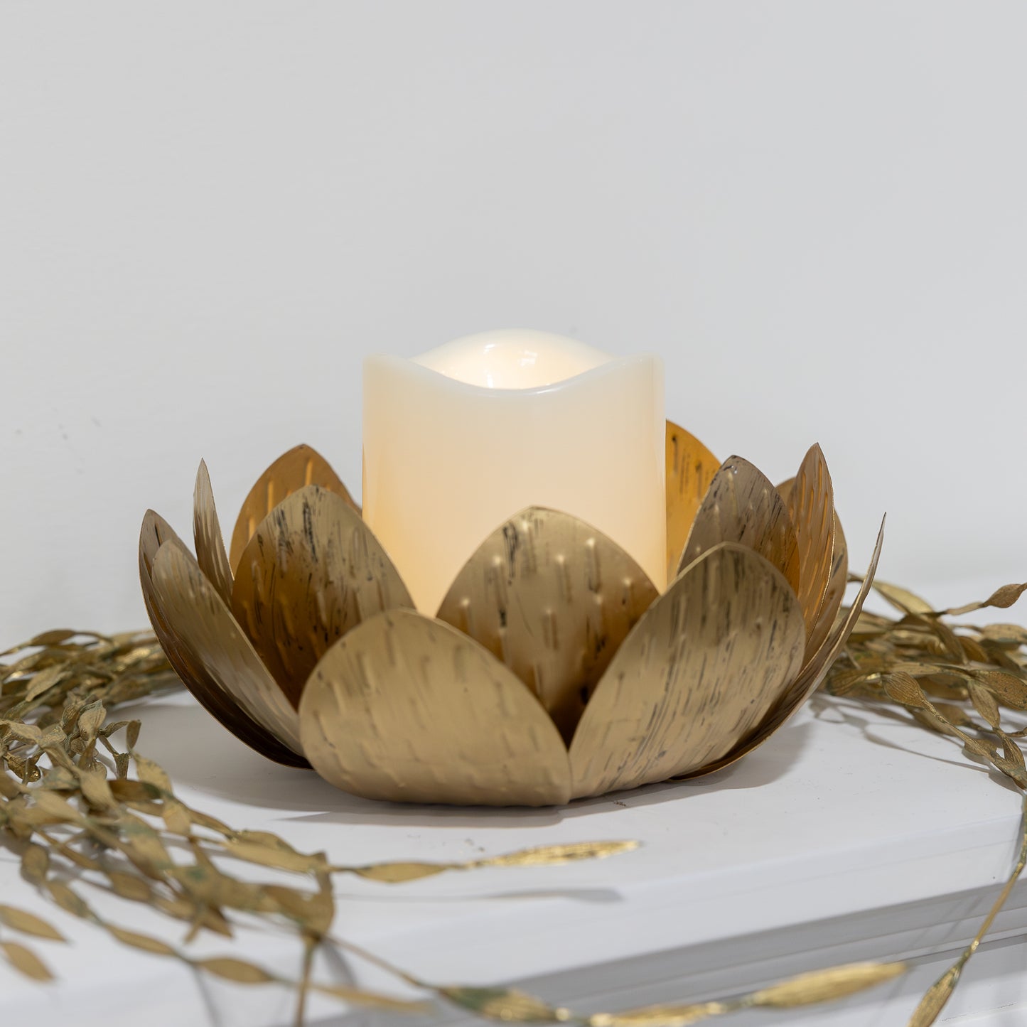 Gold Lotus Metal Candleholder with Battery-Operated LED Candle