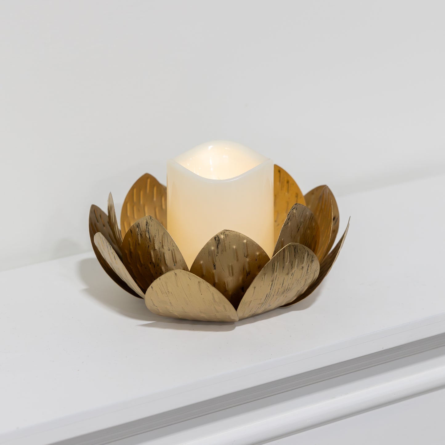 Gold Lotus Metal Candleholder with Battery-Operated LED Candle