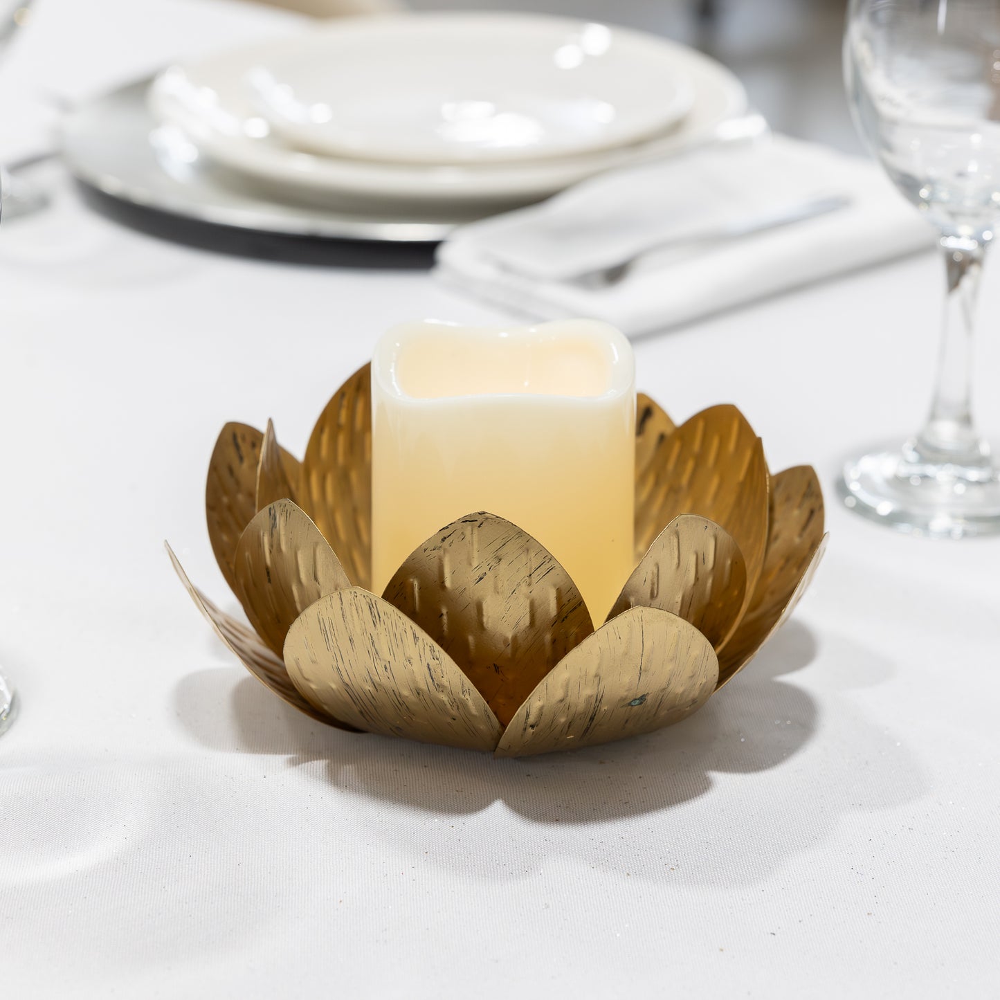 Gold Lotus Metal Candleholder with Battery-Operated LED Candle