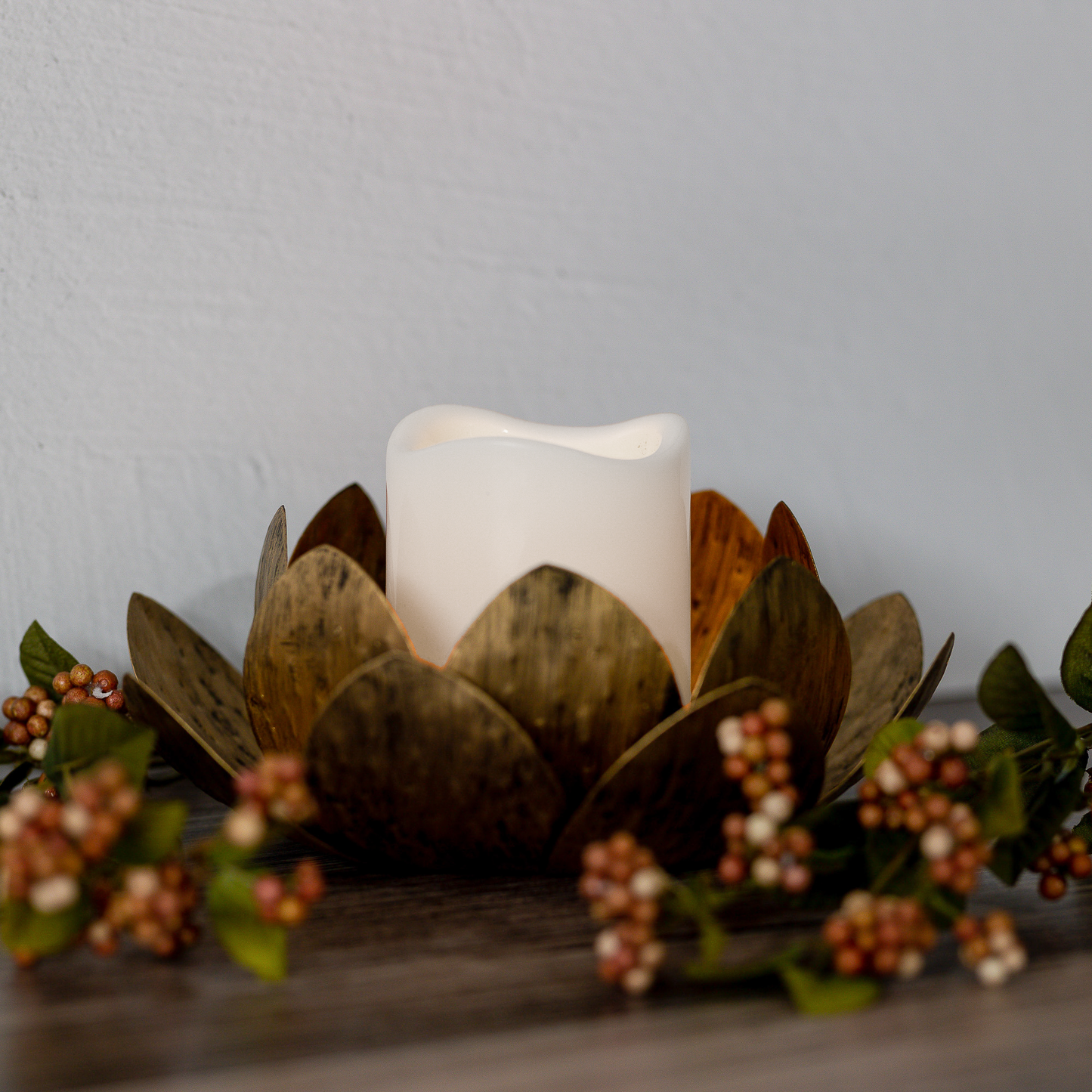Gold Lotus Metal Candleholder with Battery-Operated LED Candle