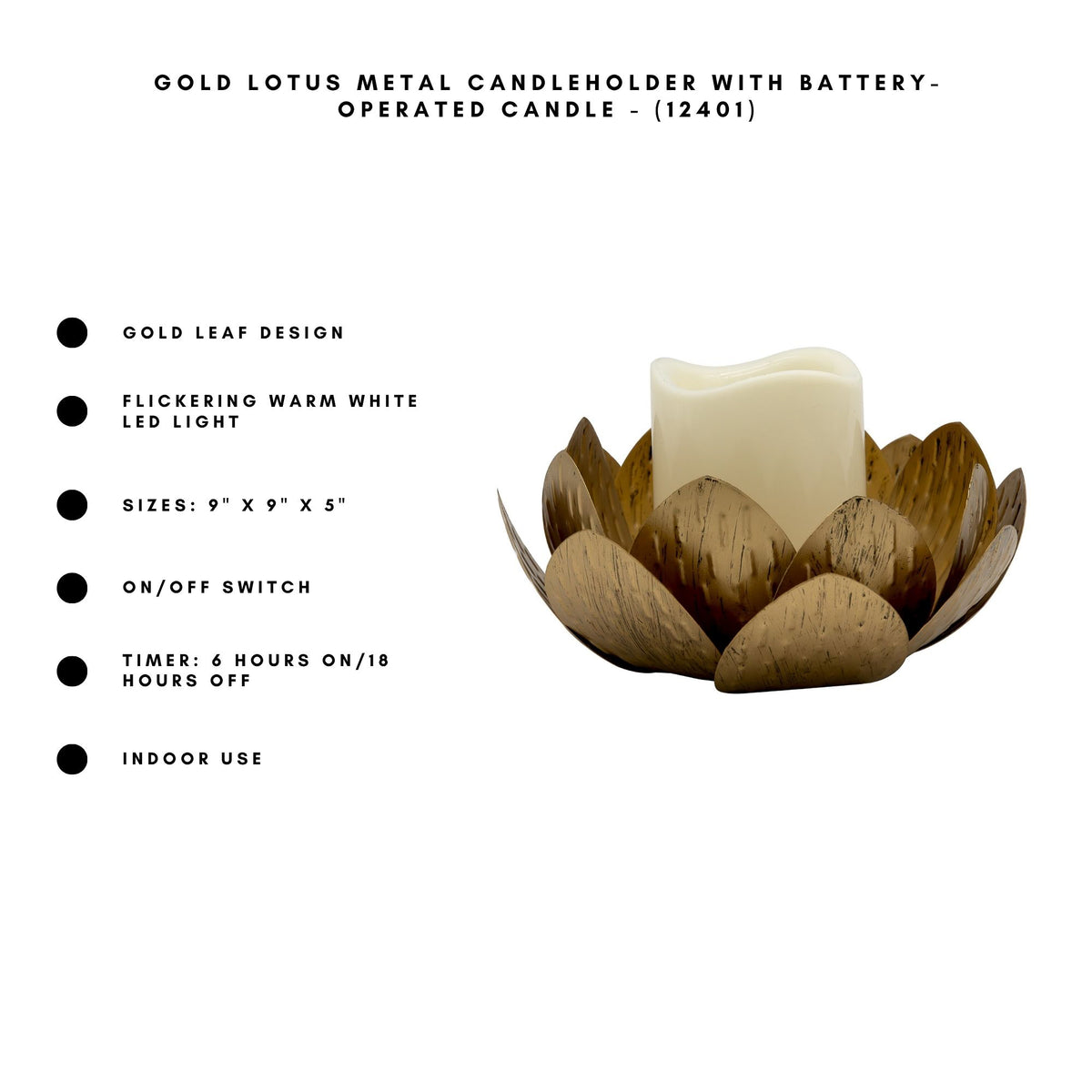 Gold Lotus Metal Candleholder with Battery-Operated LED Candle