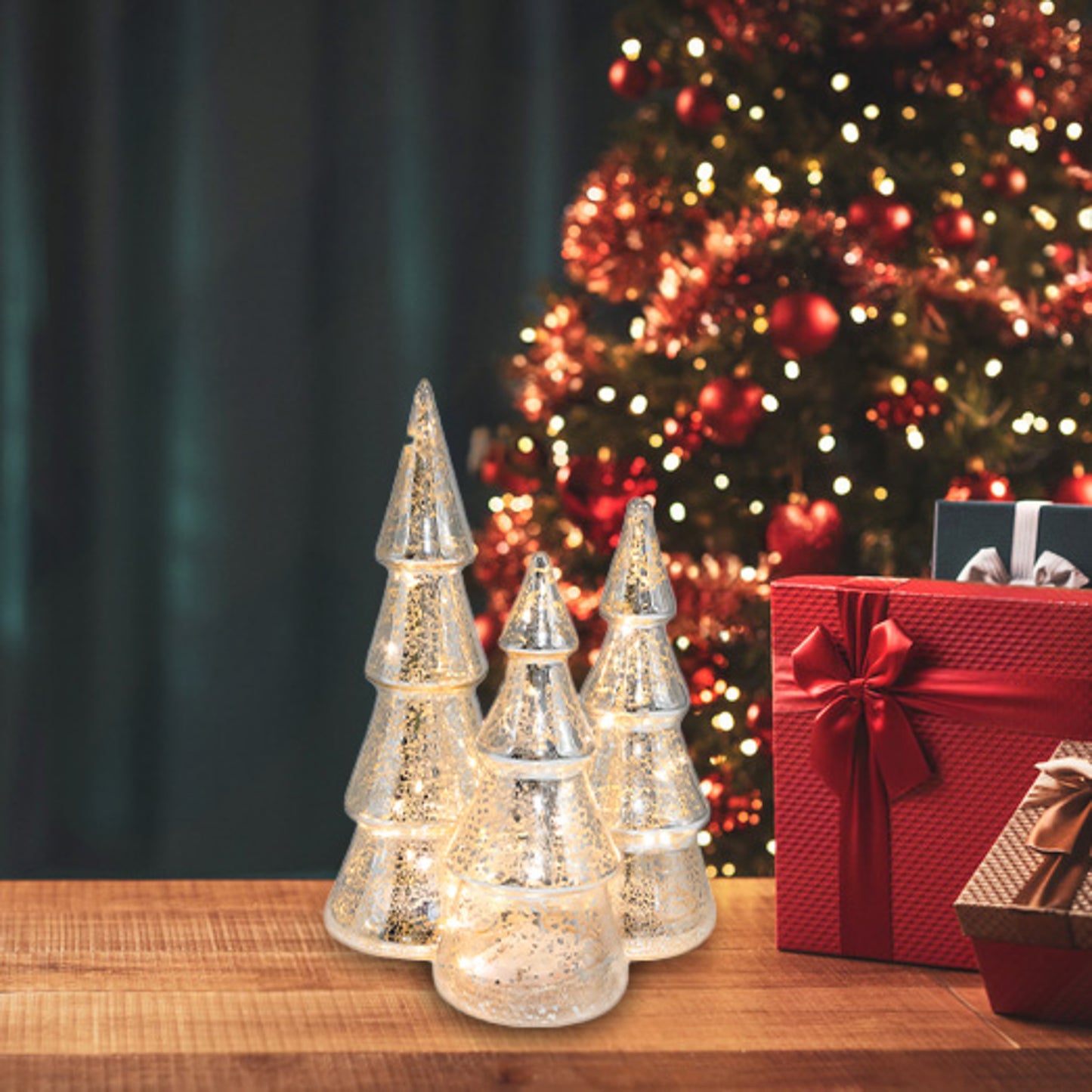 Battery Operated Silver Mercury Glass Trees - Set of 3