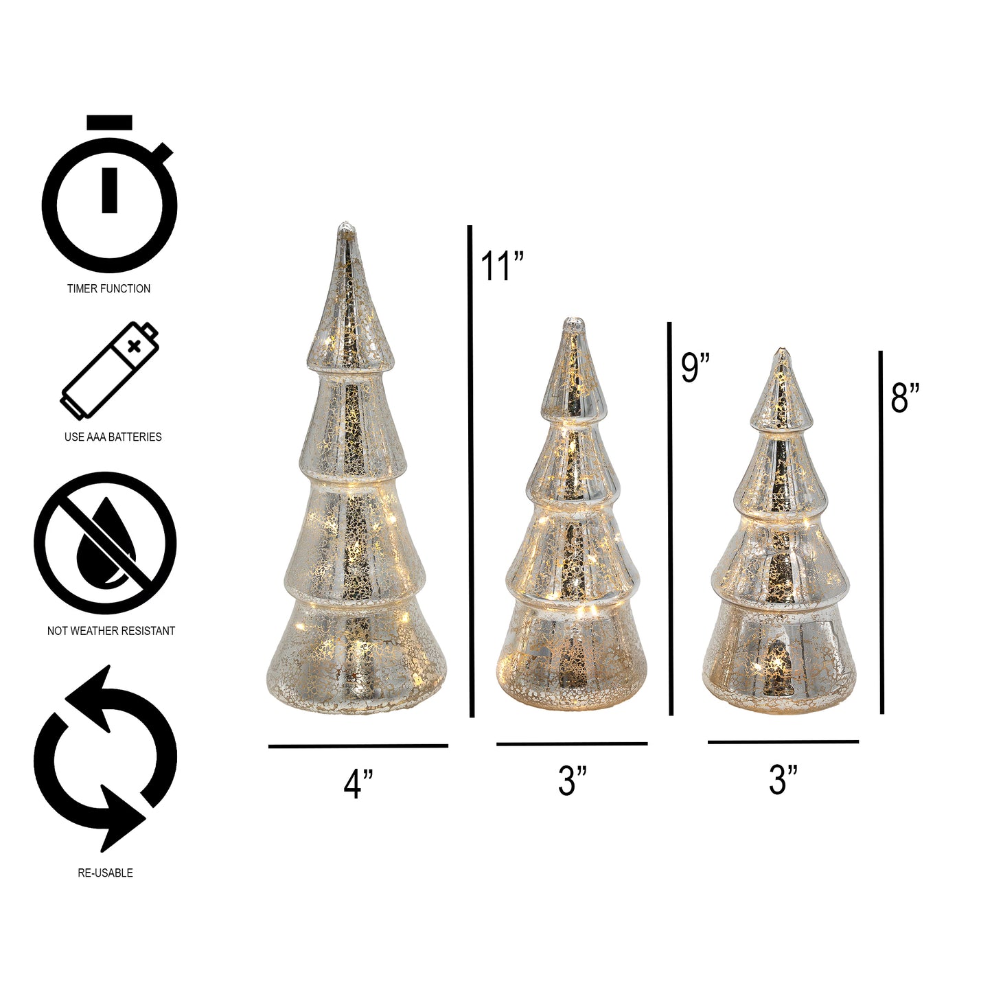 Battery Operated Silver Mercury Glass Trees - Set of 3