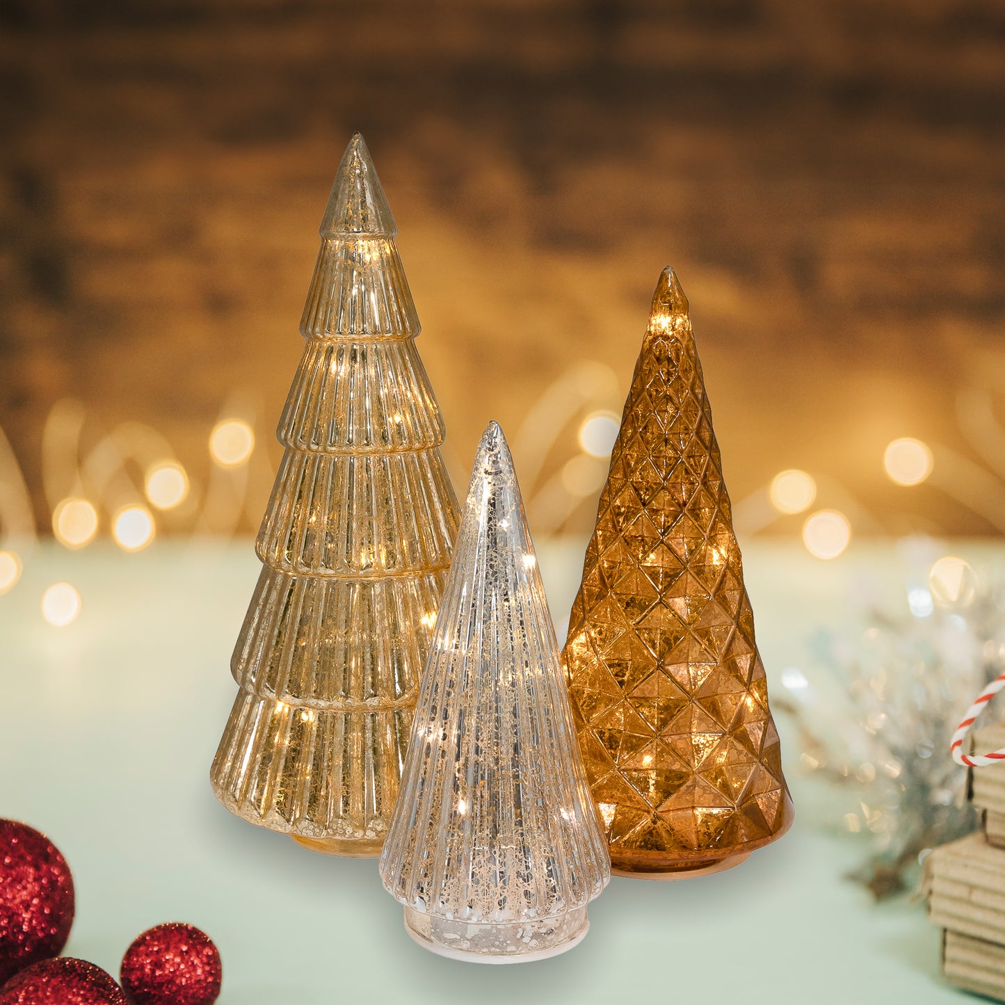 Battery-Operated Gold, Bronze & Silver Trees - Set of 3
