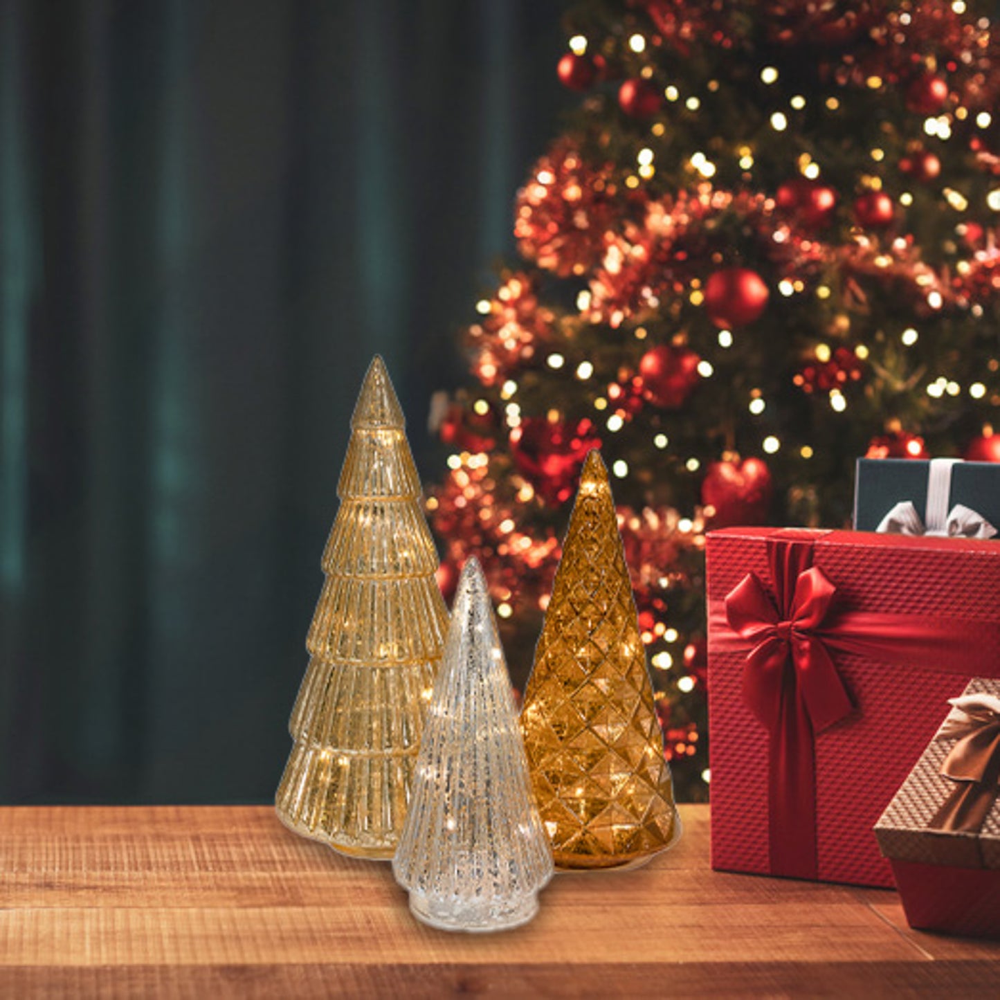 Battery Operated Gold, Bronze & Silver Trees - Set of 3