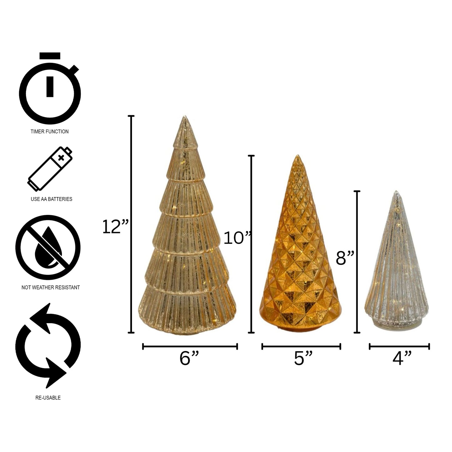 Battery Operated Gold, Bronze & Silver Trees - Set of 3