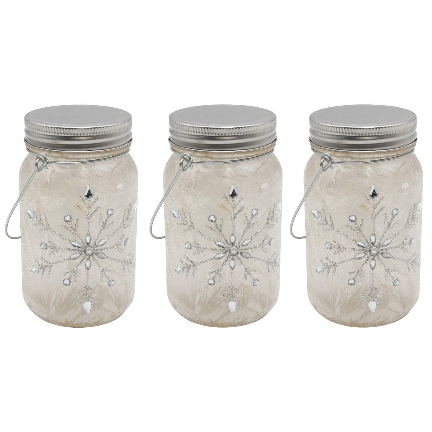 Battery-Operated Silver Snowflake Glass Mason Jars - Set of 3