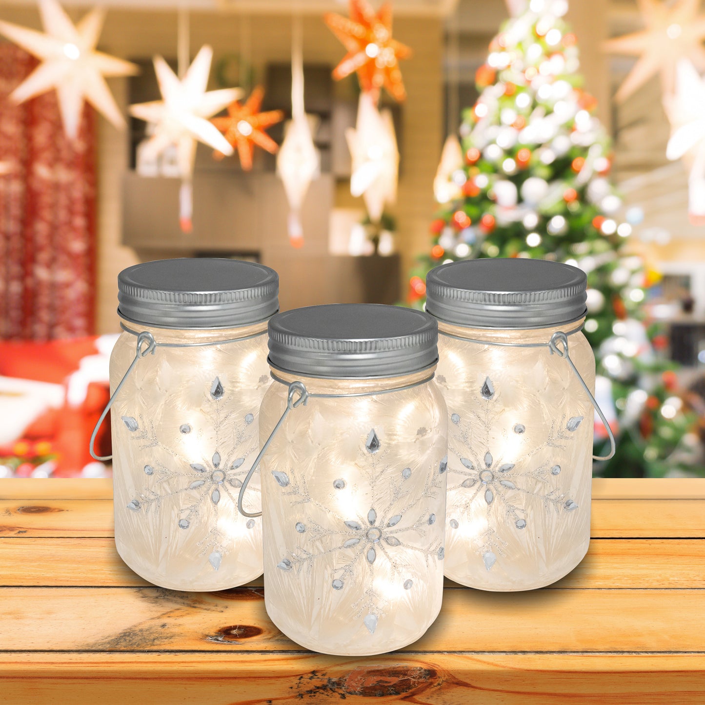 Battery-Operated Silver Snowflake Glass Mason Jars - Set of 3