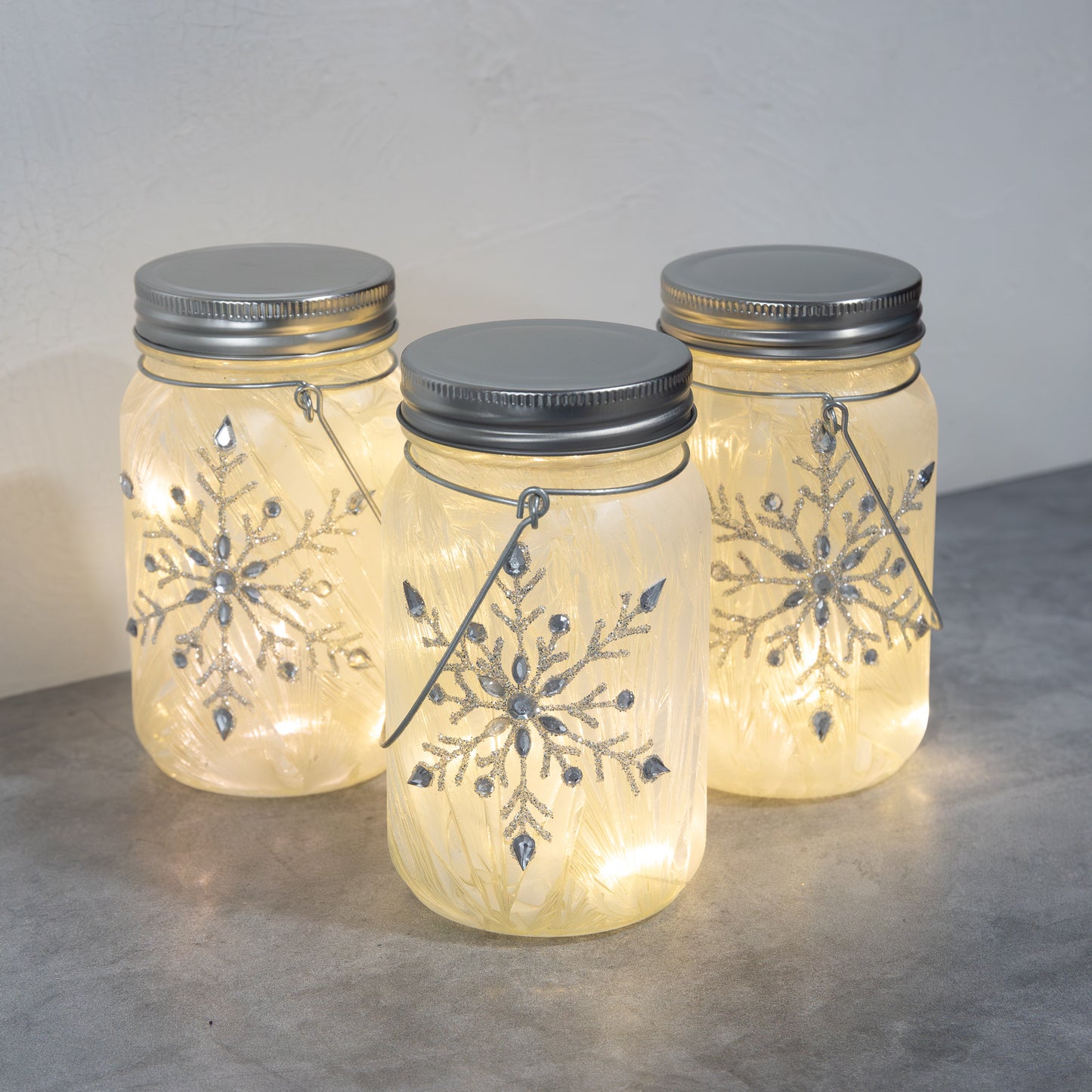 Battery-Operated Silver Snowflake Glass Mason Jars - Set of 3