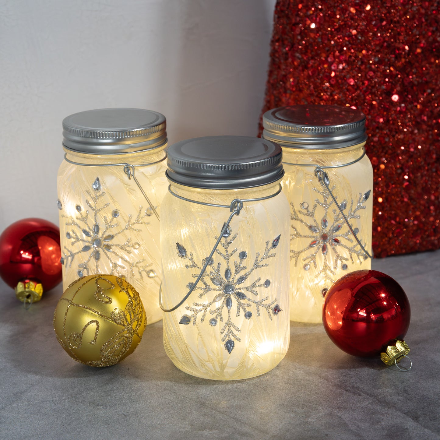 Battery-Operated Silver Snowflake Glass Mason Jars - Set of 3