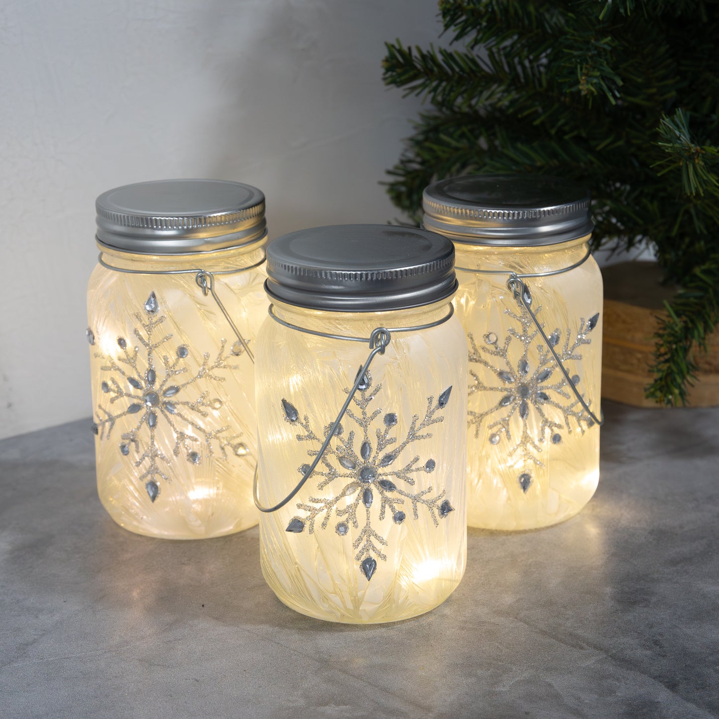 Battery-Operated Silver Snowflake Glass Mason Jars - Set of 3