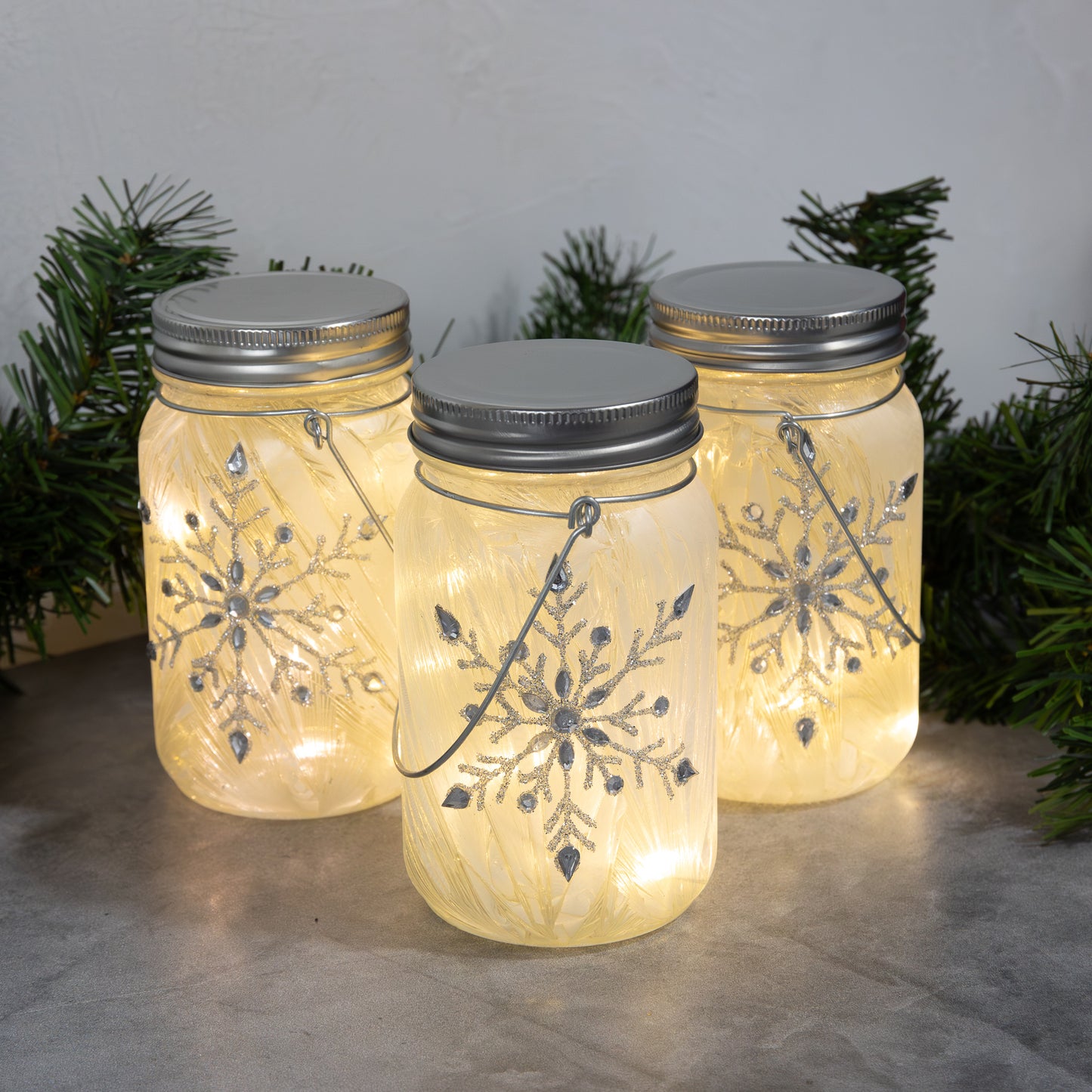 Battery-Operated Silver Snowflake Glass Mason Jars - Set of 3