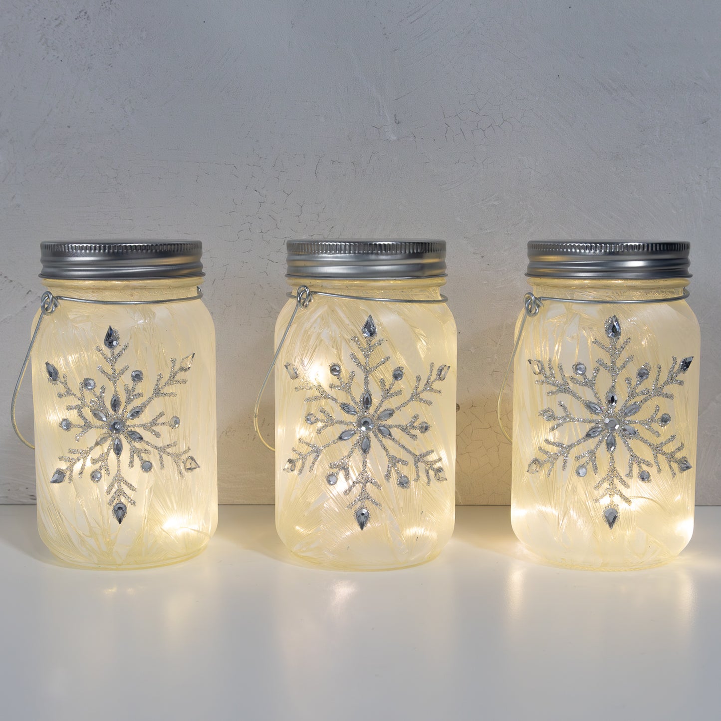 Battery-Operated Silver Snowflake Glass Mason Jars - Set of 3
