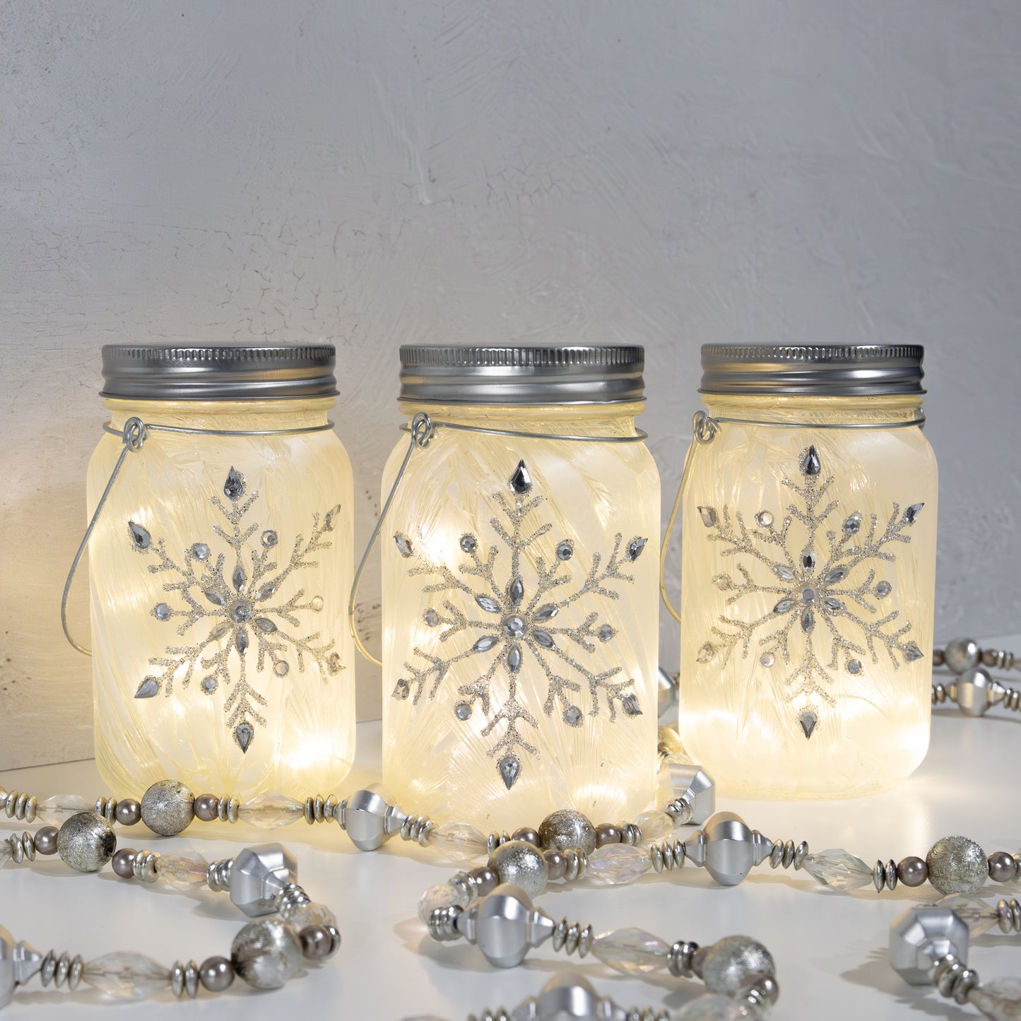 Battery-Operated Silver Snowflake Glass Mason Jars - Set of 3