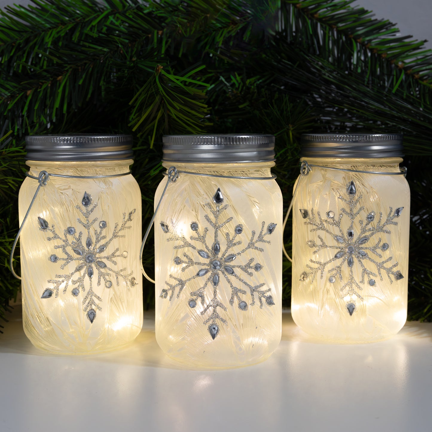 Battery-Operated Silver Snowflake Glass Mason Jars - Set of 3