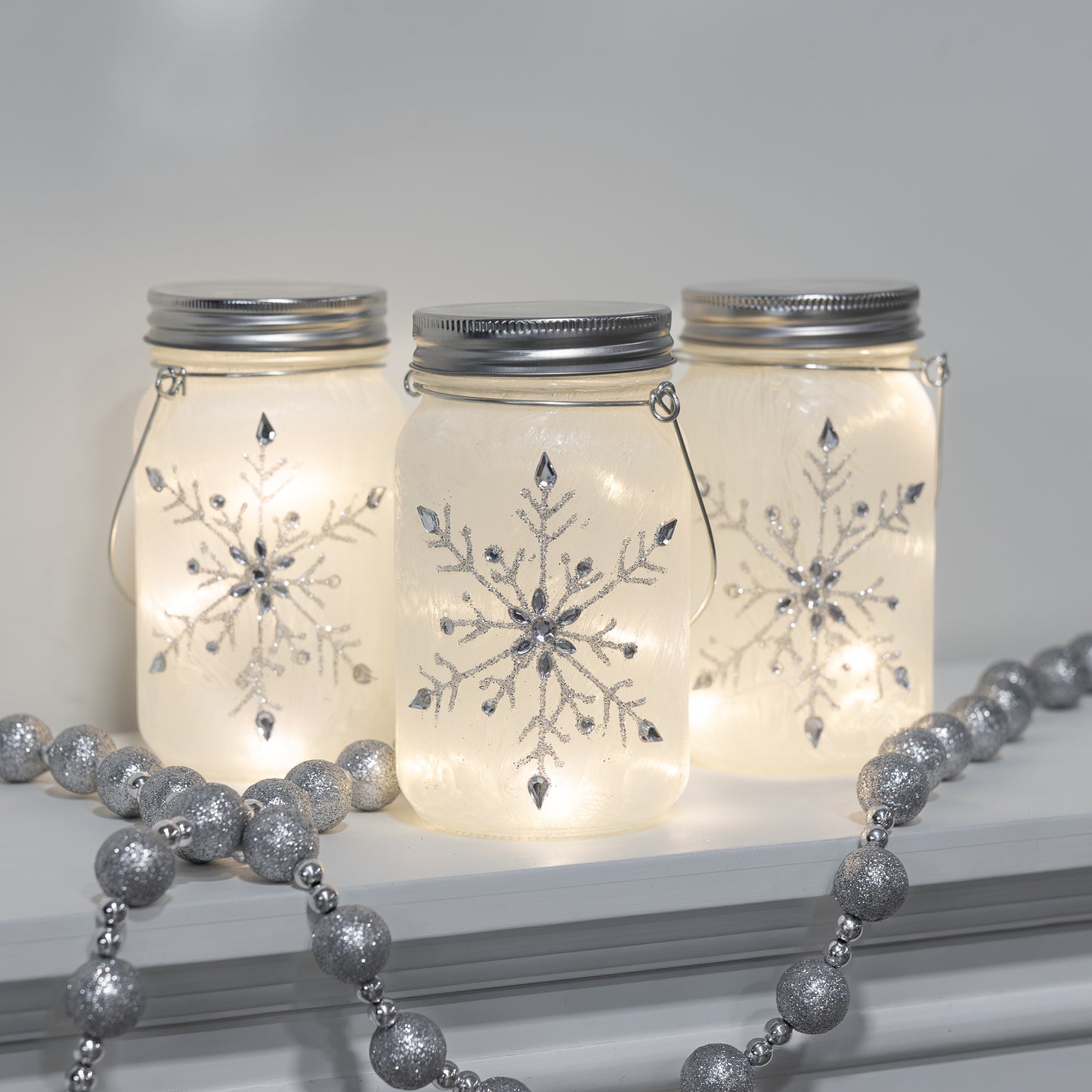 Battery-Operated Silver Snowflake Glass Mason Jars - Set of 3