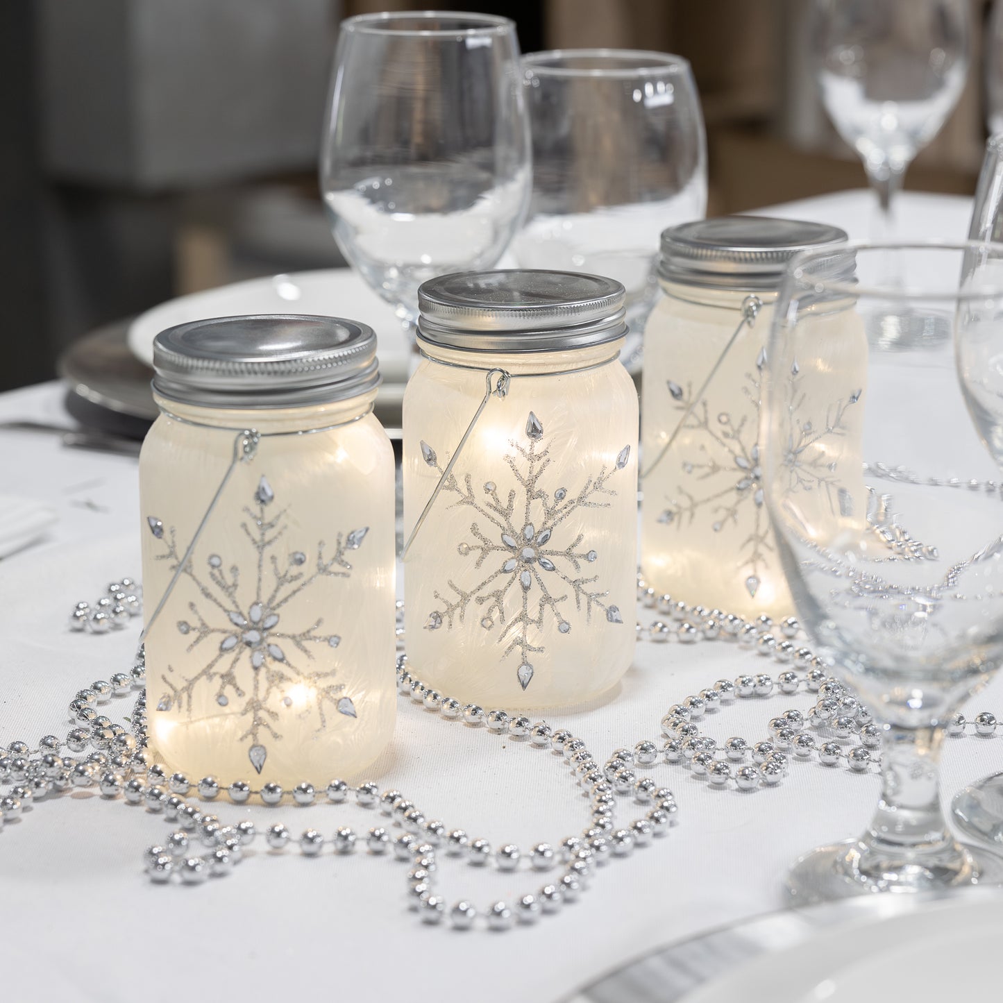 Battery-Operated Silver Snowflake Glass Mason Jars - Set of 3