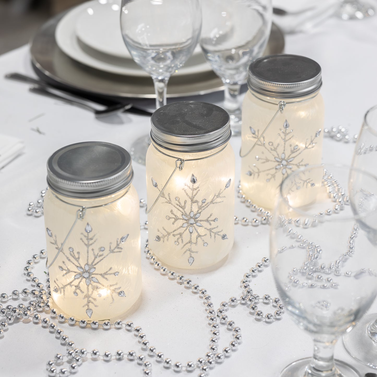 Battery-Operated Silver Snowflake Glass Mason Jars - Set of 3