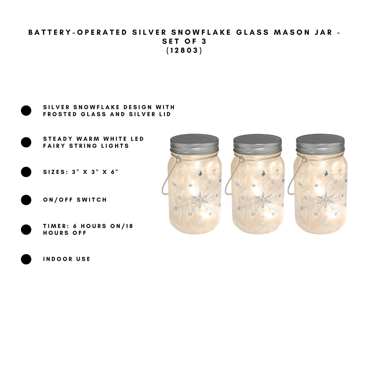 Battery-Operated Silver Snowflake Glass Mason Jars - Set of 3