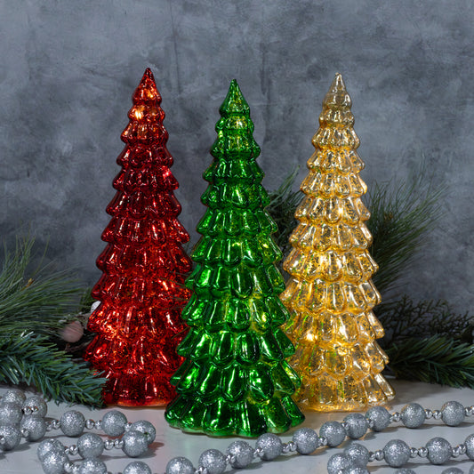 Battery-Operated LED Glass Christmas Trees - Set of 3