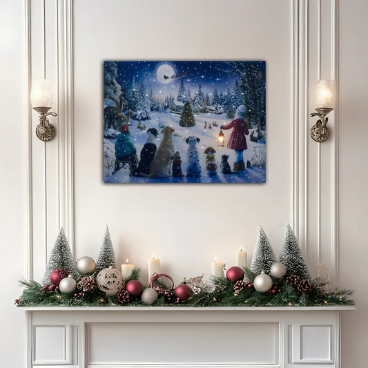 Framed winter scene with children and dogs on a wall above a decorated mantel.