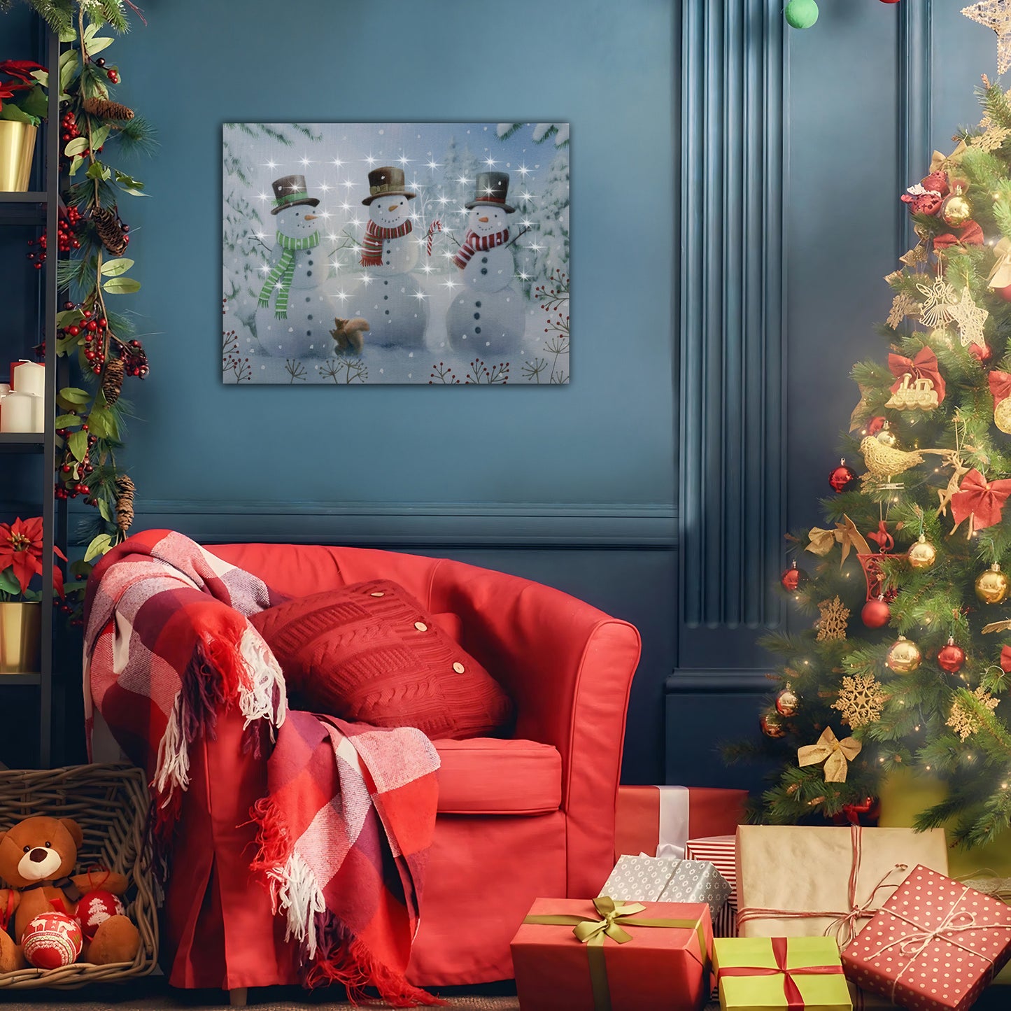 Cozy living room with a red armchair, Christmas tree, and decorations.