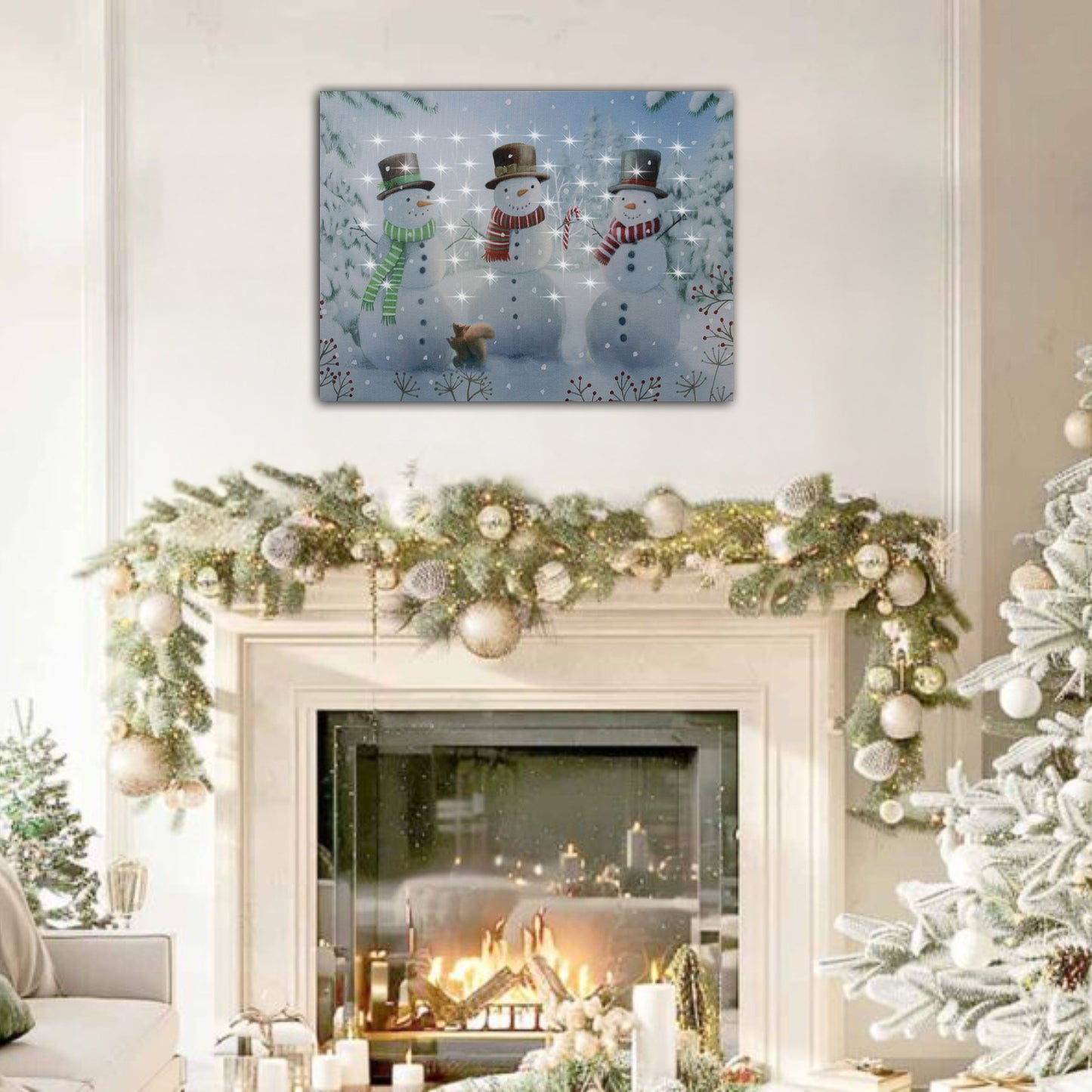 Decorated living room with a fireplace, Christmas tree, and festive wall art.