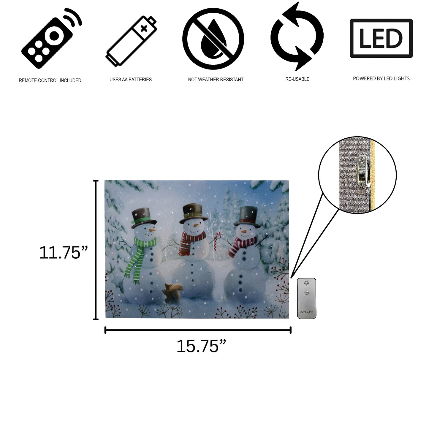 Canvas wall art with snowmen design, dimensions, and feature icons on a white background.