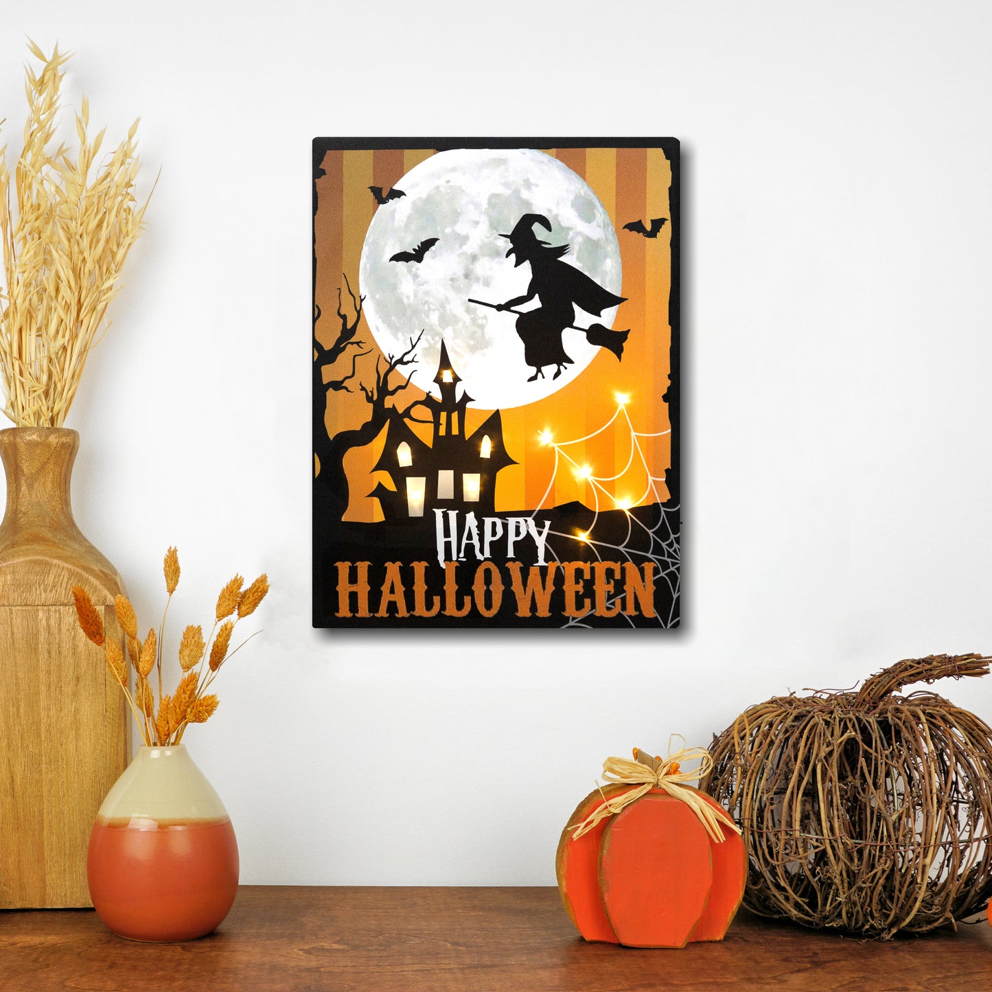 Battery-Operated Lighted Wall Art - Happy Halloween Witch