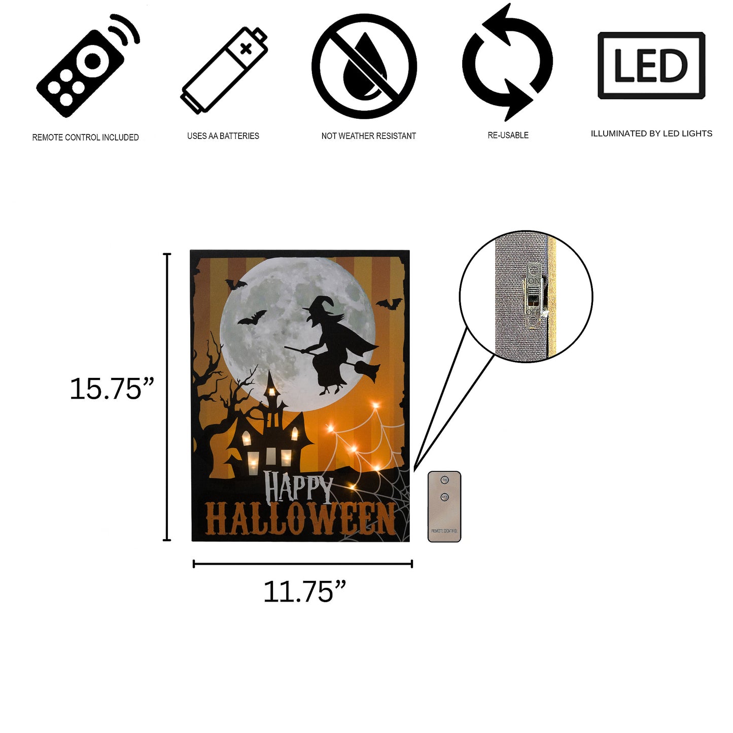 Halloween-themed product with dimensions and feature icons on a white background