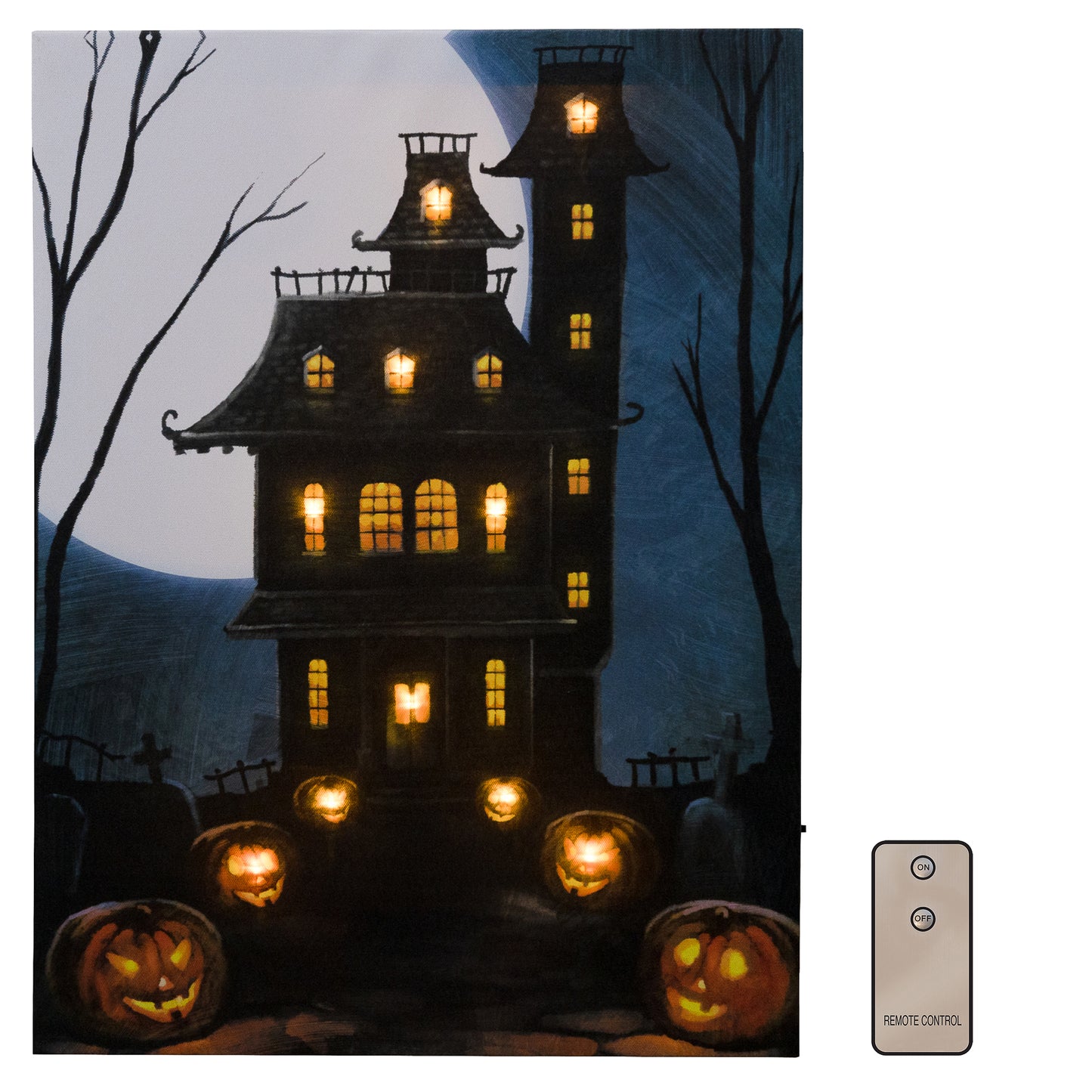 Spooky wall art featuring a haunted house with glowing jack o'lanterns and a full moon in the background, illuminated by steady amber LED lights.