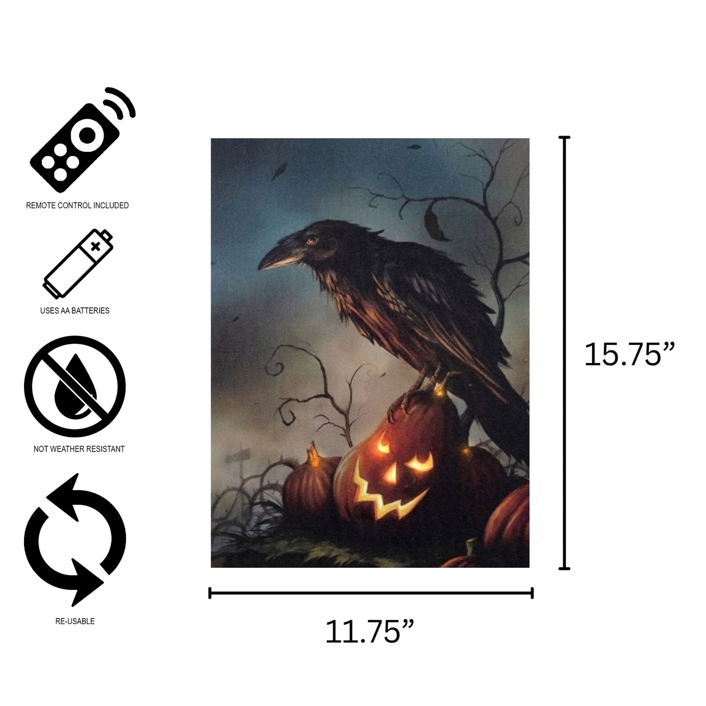 Halloween-themed canvas wall art featuring a crow and pumpkins, including dimensions and icons.
