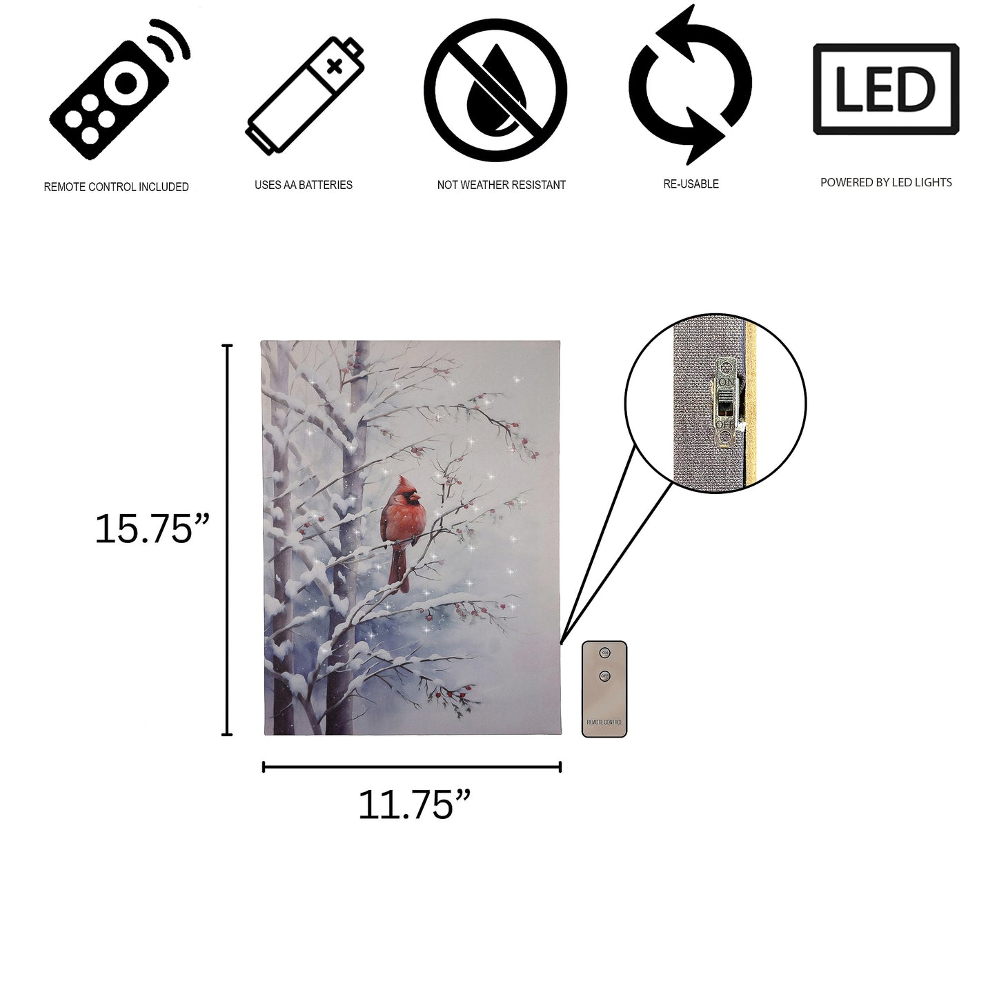 A canvas print depicting a red cardinal bird perched on a snow-covered branch, with a remote control, specs and dimensions.