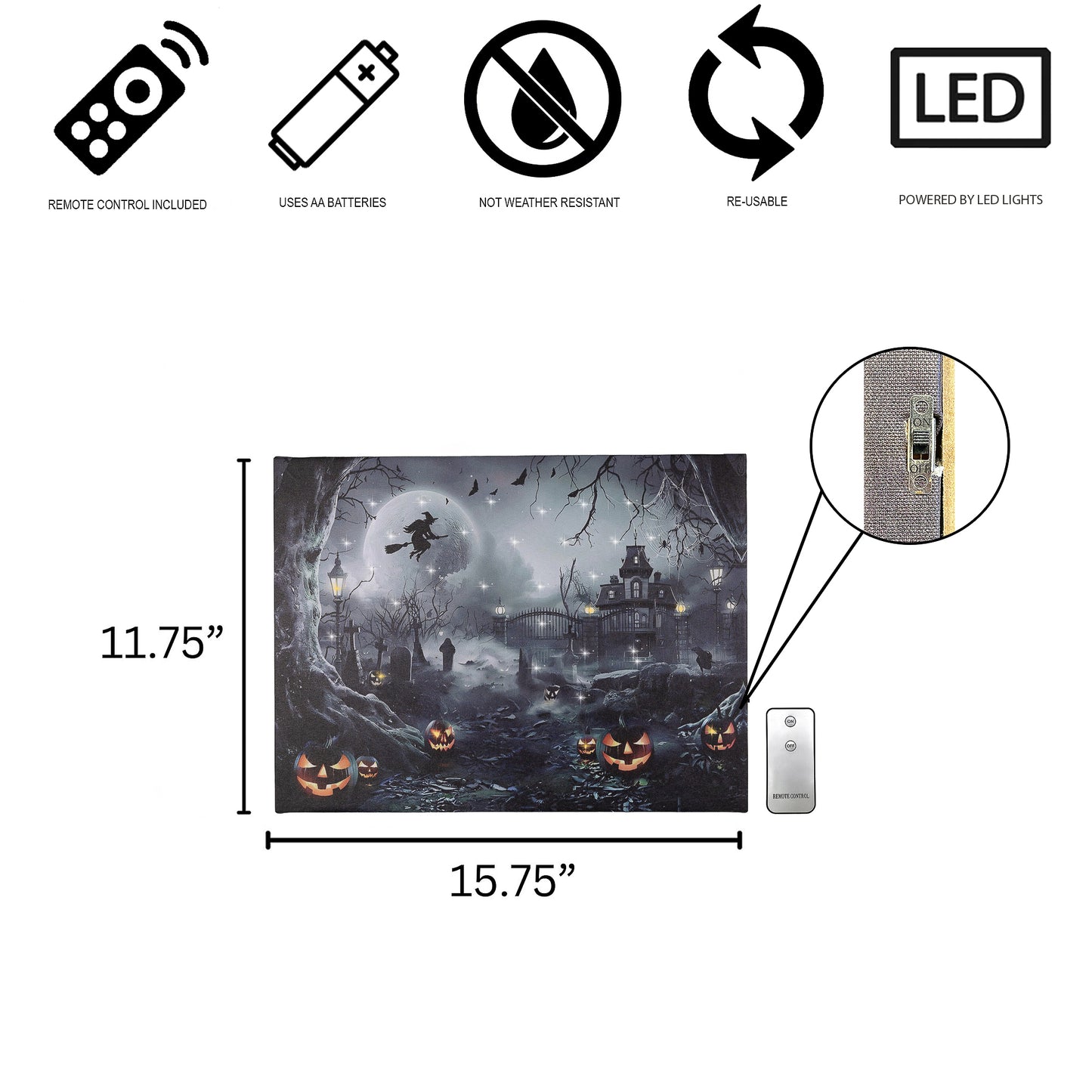 Spooky Halloween Night lighted wall art features the silhouette of a witch flying in front of a full moon on a foggy night. A haunted house, tombstones, and jack o' lanterns complete the scene with remote control, specs and dimensions.