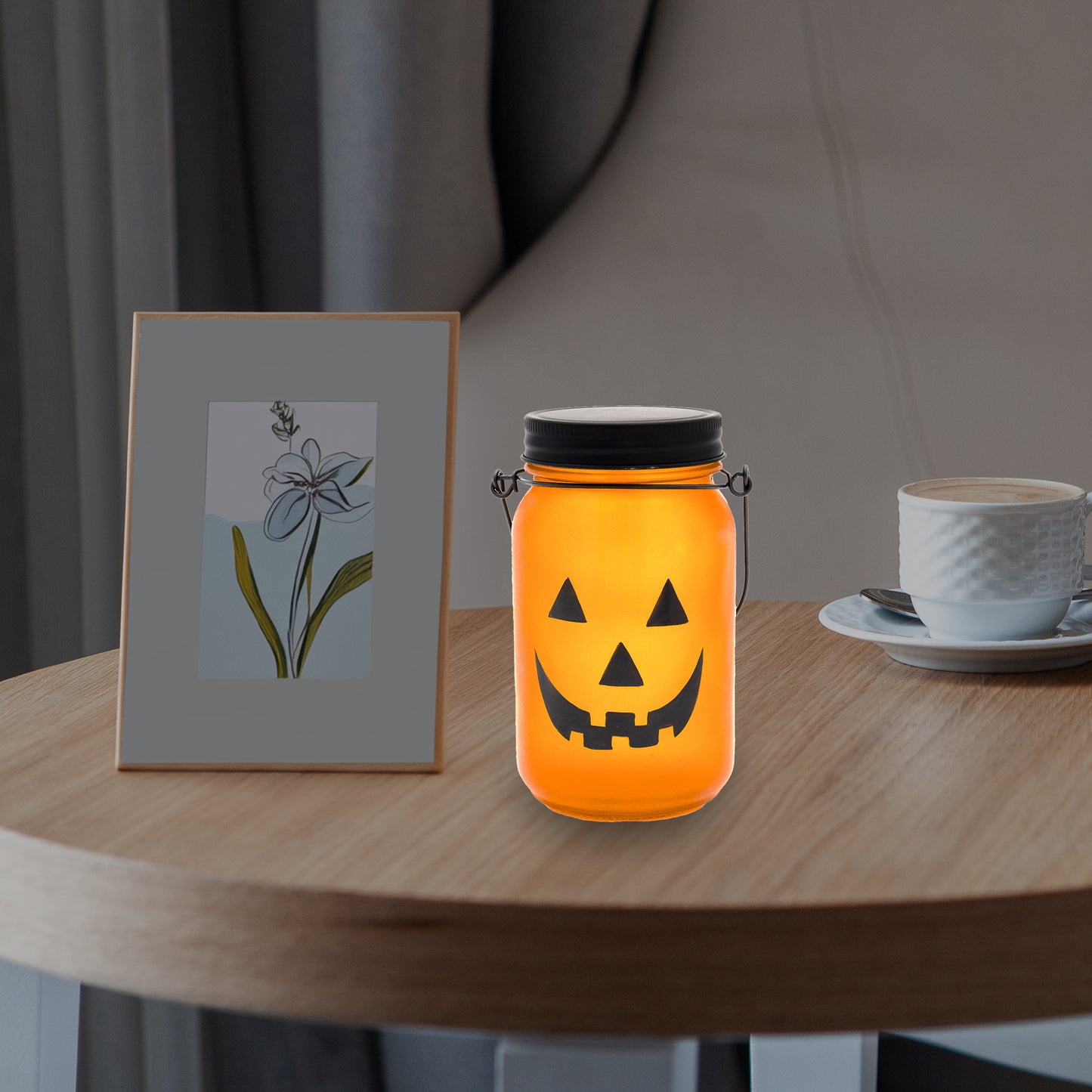 Battery-Operated Flame-Effect Jack O' Lantern Mason Jar
