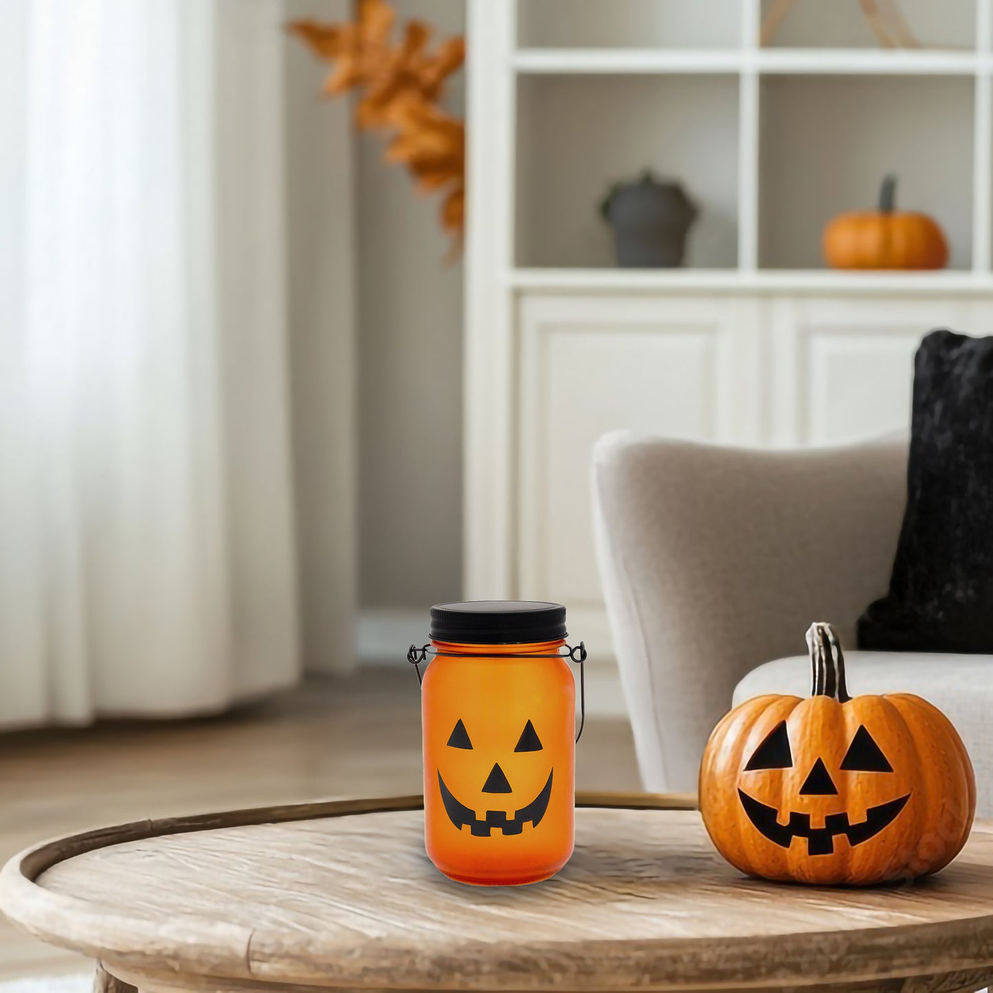 Battery-Operated Flame-Effect Jack O' Lantern Mason Jar