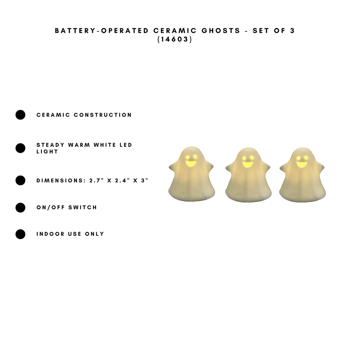 Battery-Operated Ceramic Ghosts - Set of 3
