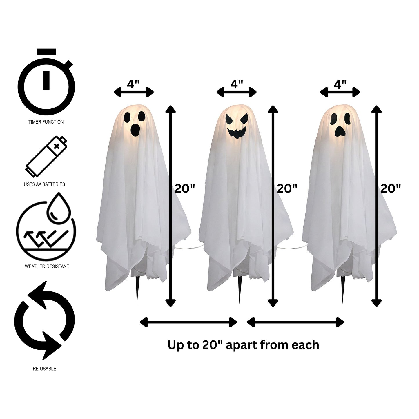 Battery-Operated Lighted Ghosts - Set of 3